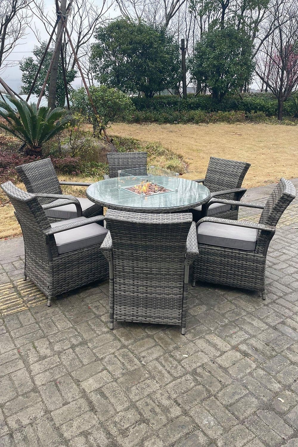 PE Rattan Gas Fire Pit Round Dining Table Gas Heater Dining Table Chair Set 6 Seater