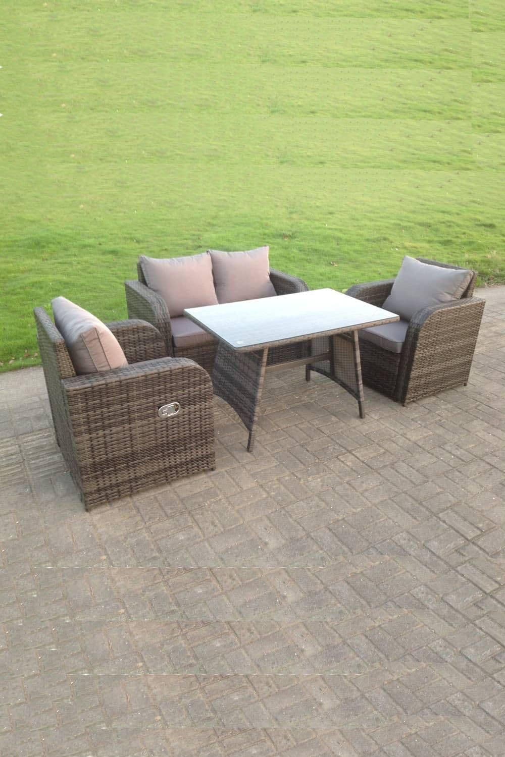 PE Rattan Garden Furniture Set Adjustable Chair Sofa Double Love Seat 2 Seater Sofa Oblong Rectangular Dining Table