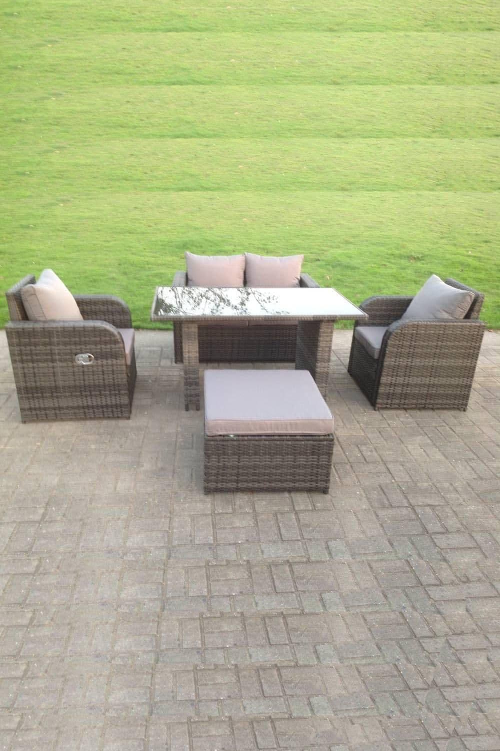 Rattan Garden Furniture Set Adjustable Chair Sofa Double Love Seat 2 Seater Sofa Oblong Glass Dining Table
