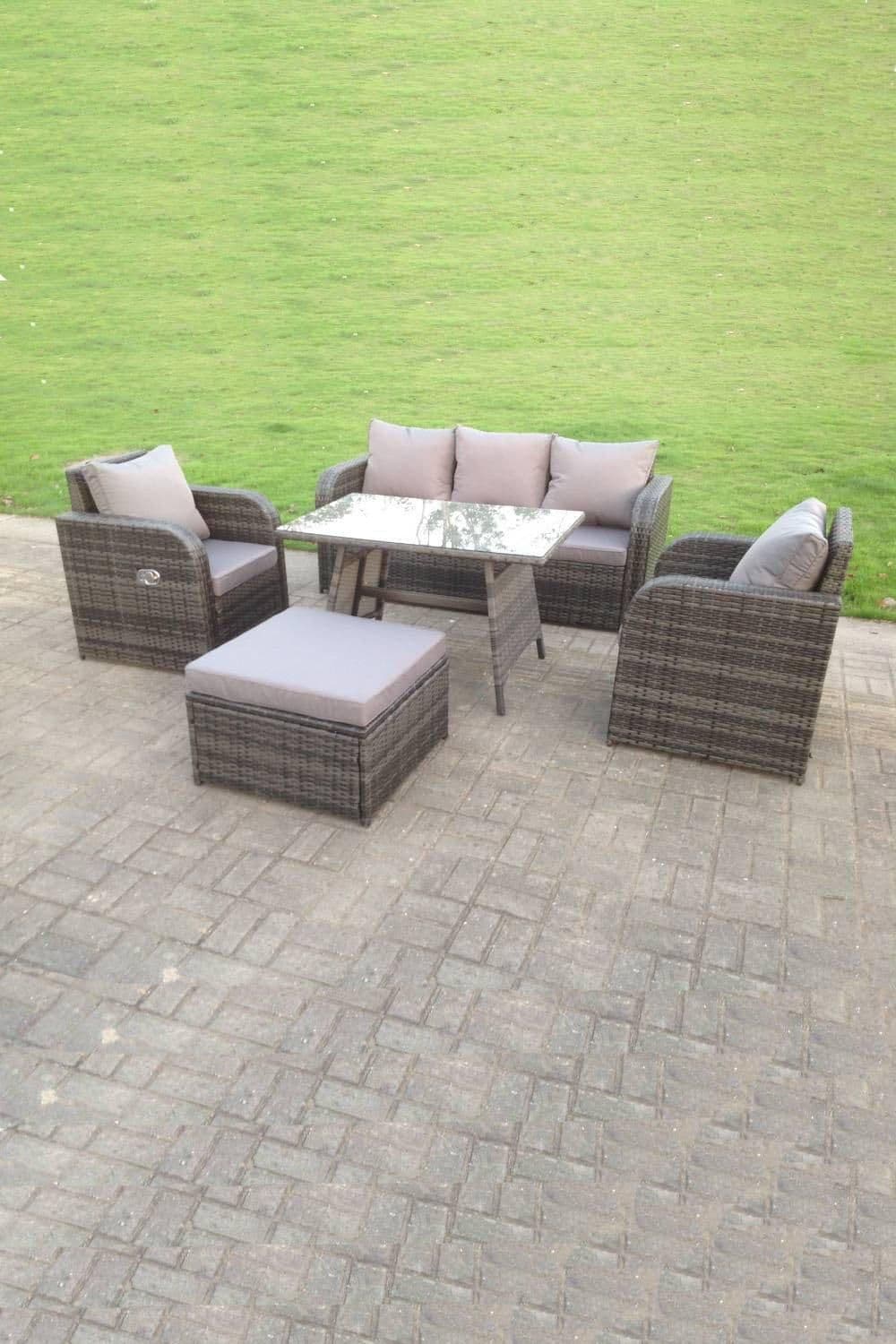 PE Rattan Garden Furniture Set Adjustable Chair Sofa Lounge 3 Seater Sofa Oblong Rectangular Dining Table Footstool