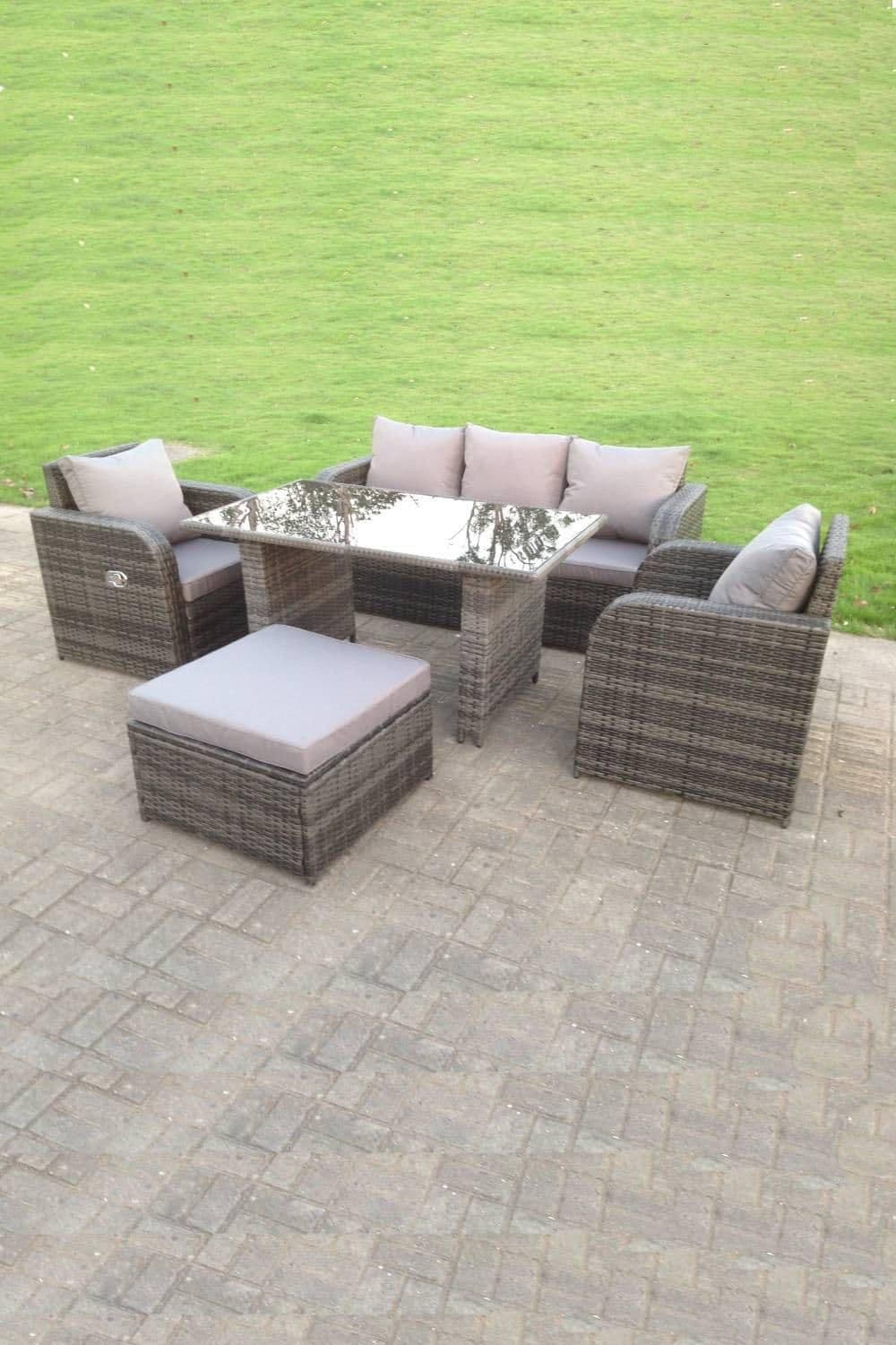 Rattan Garden Furniture Set Adjustable Chair Sofa Lounge 3 Seater Sofa Rectangular Dining Glass Table Footstool