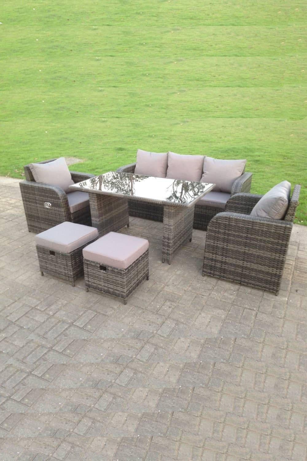 PE Rattan Garden Furniture Set Adjustable Chair Lounge 3 Seater Sofa Oblong Rectangular Dining Glass