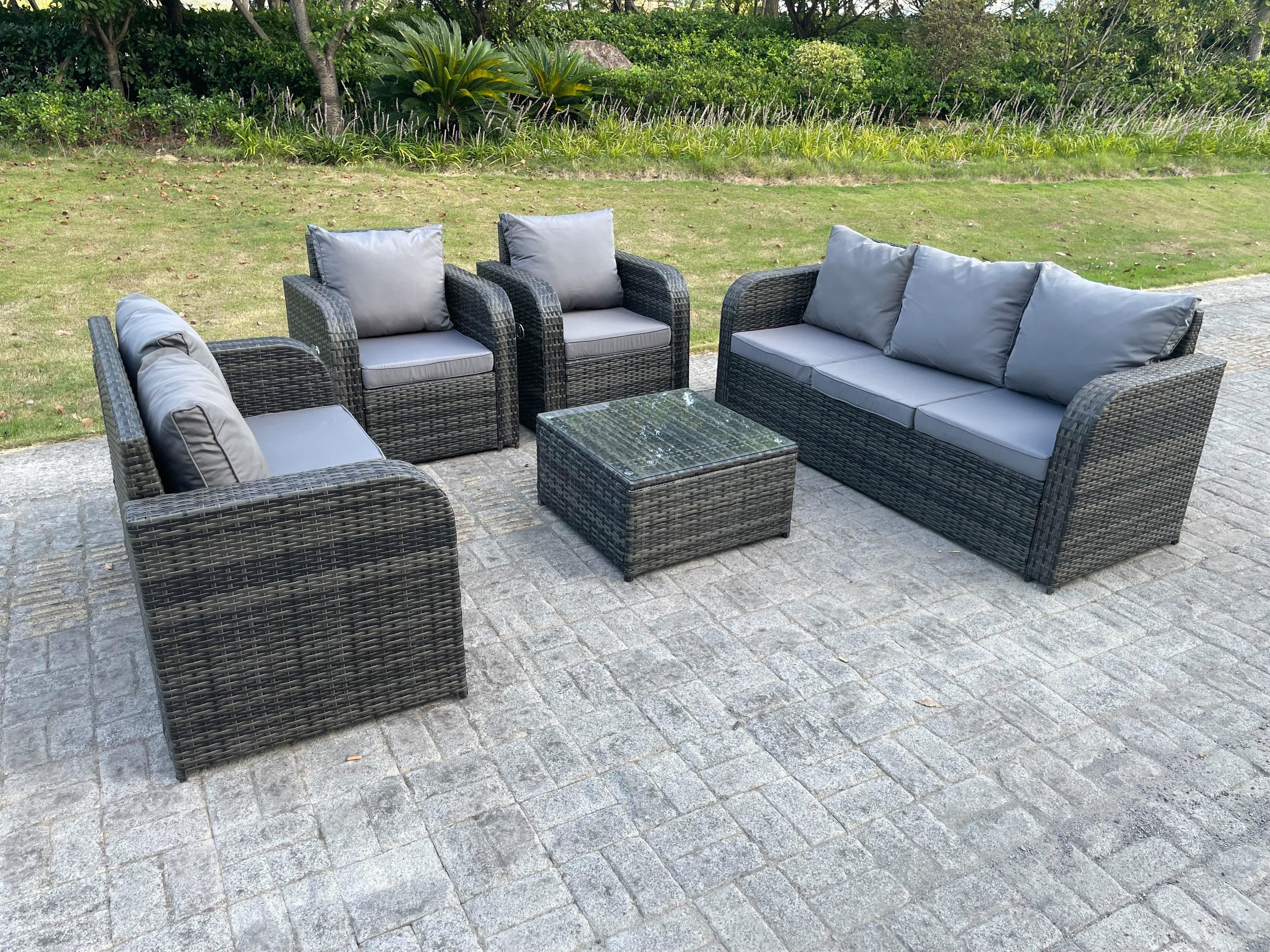 PE Rattan Garden Furniture Set Adjustable Chair Sofa Double Love Seat Lounge Set Square Coffee Table
