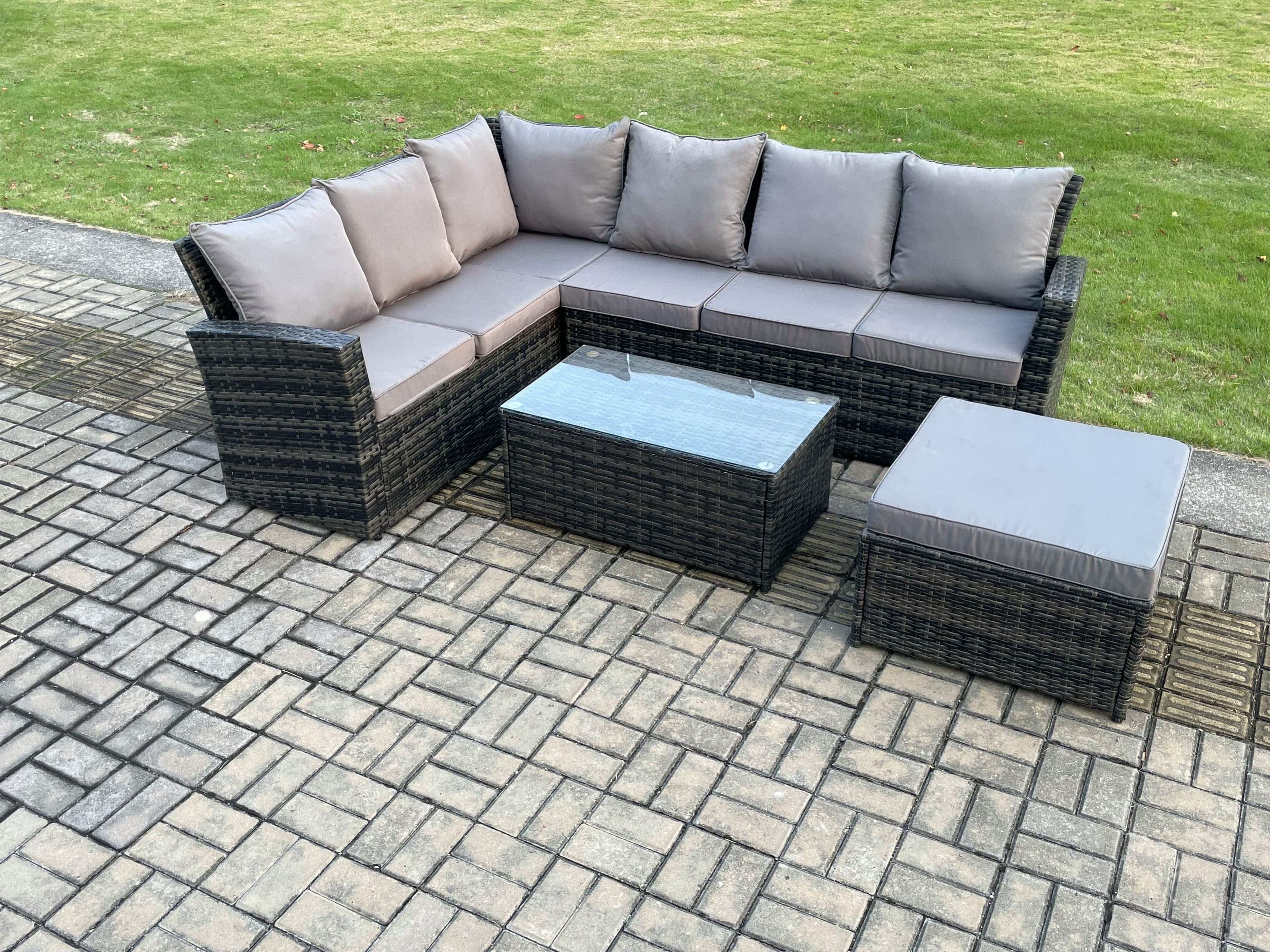 7 Seater Outdoor Furniture Garden Dining Set Rattan Corner Sofa Set Rectangular Coffee Table Big Footstool