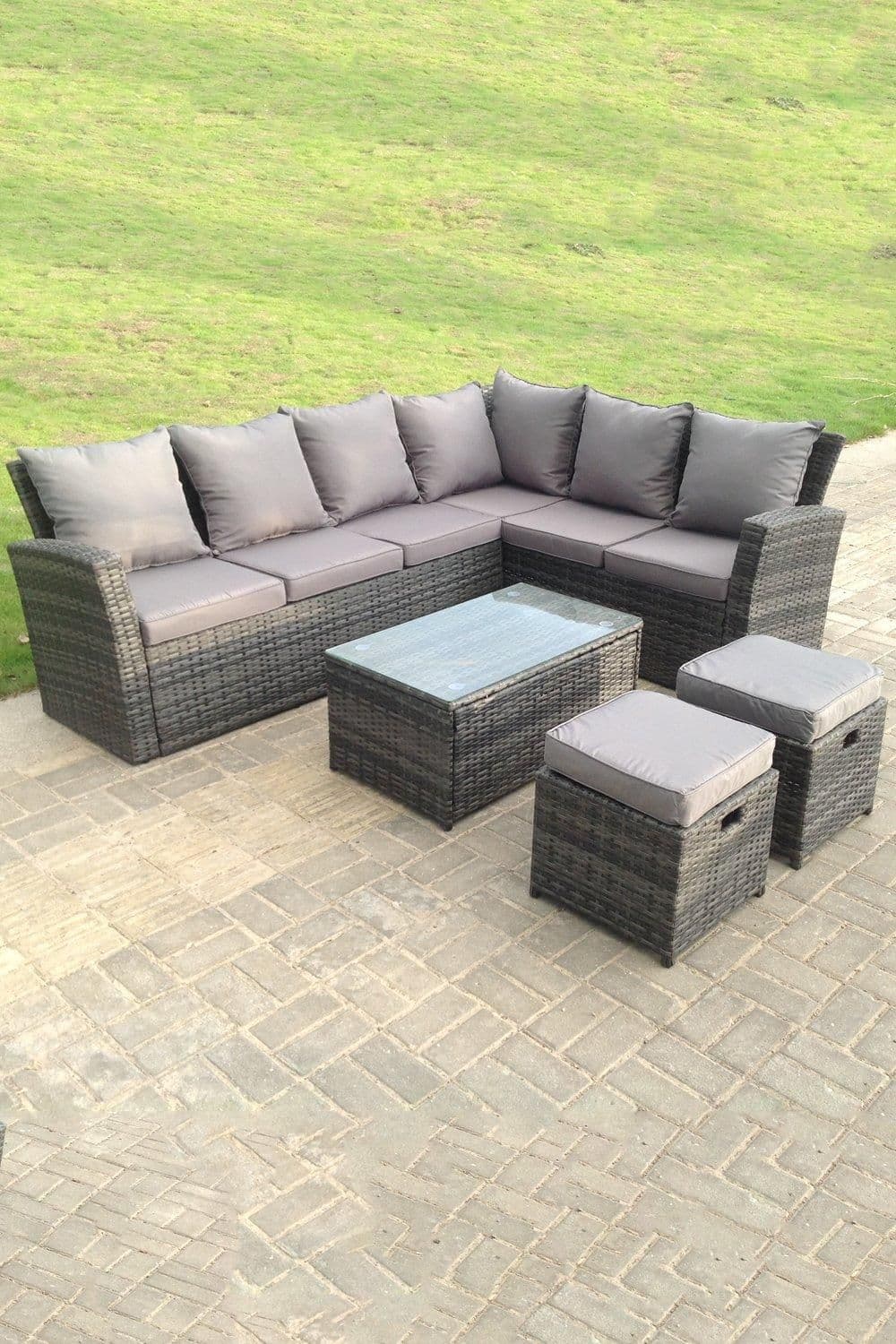 8 Seater High Back Rattan Set Corner Sofa Oblong Coffee Table FootStools