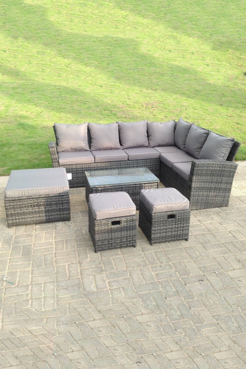 9 Seater High Back Rattan Set Corner Sofa Oblong Coffee Table 3 Footstool