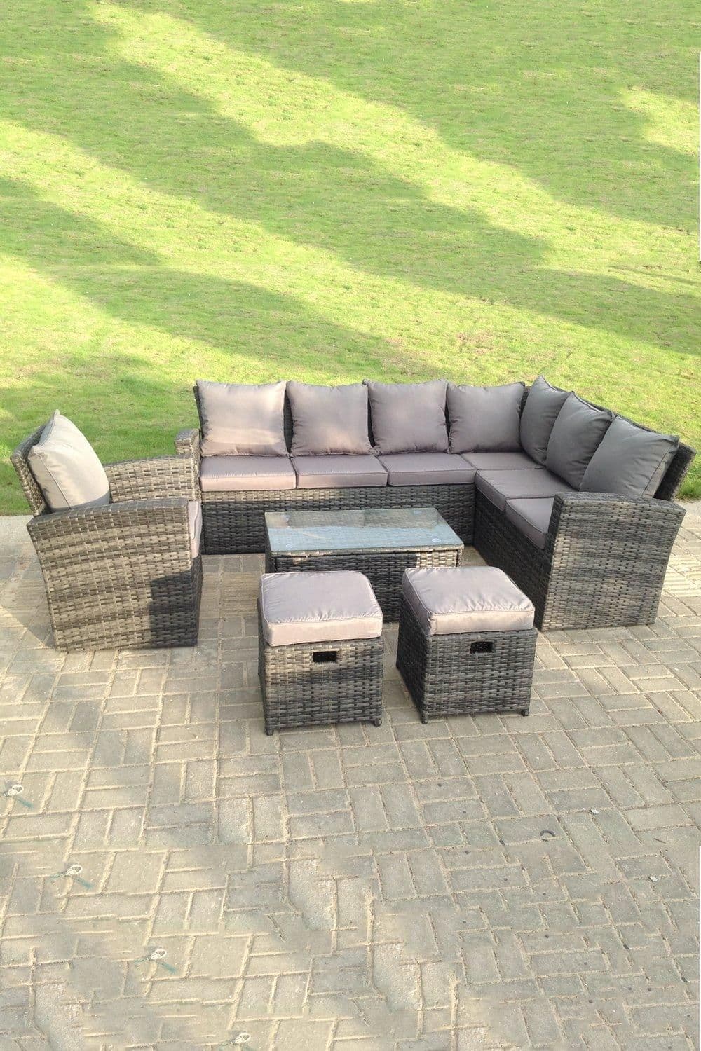 9 Seater High Back Rattan Set Corner Sofa Oblong Coffee Table Stools Chair