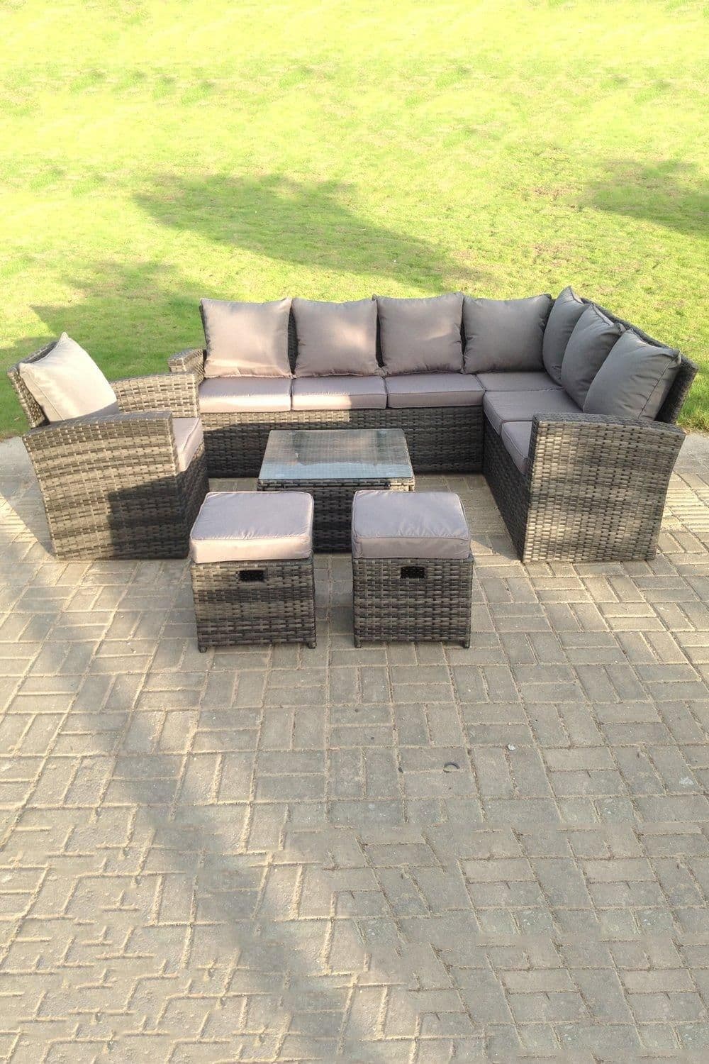 9 Seater High Back Rattan Corner Sofa Square Coffee Table Footstools Chair