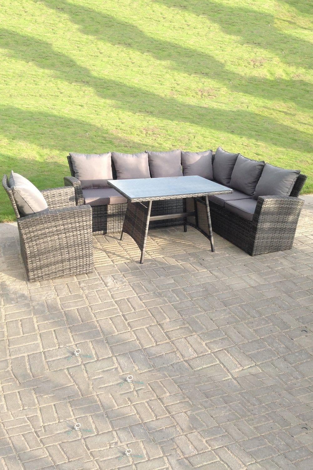 7 Seater High Back Rattan Corner Sofa Oblong Dining Table Chair