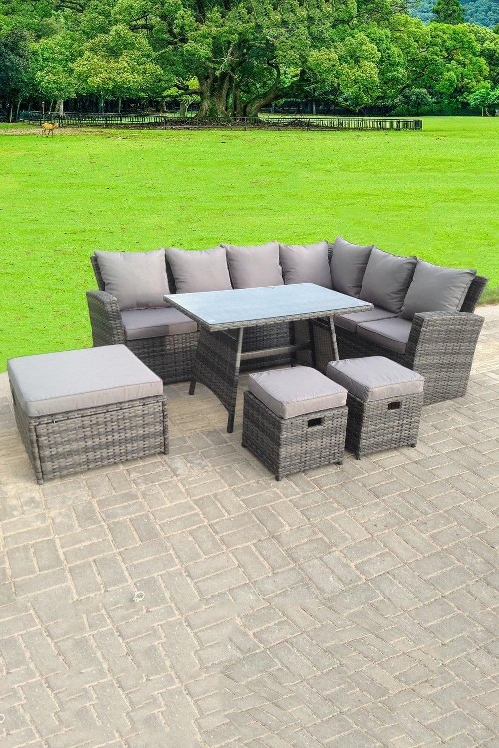 9 Seater High Back Rattan Corner Sofa Oblong Dining Table 3 Footstools