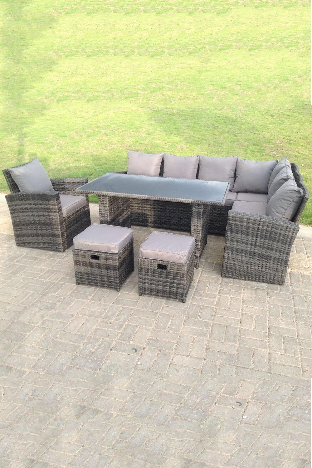 9 Seater High Back Rattan Corner Sofa Tempered Glass Dining Table Footstools Chair