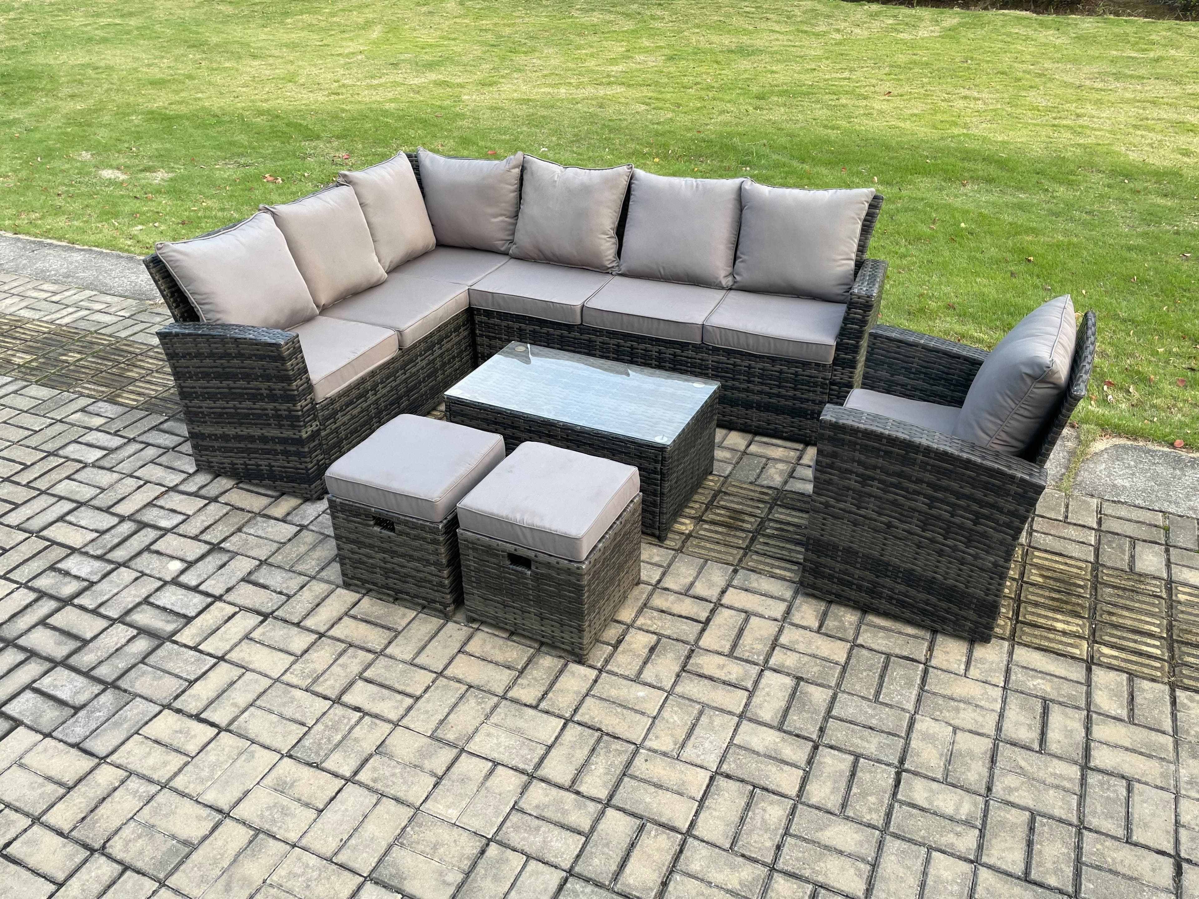 9 Seater Outdoor Furniture Garden Dining Set Rattan Corner Sofa Set Rectangular Coffee Table 2 Small Footstools