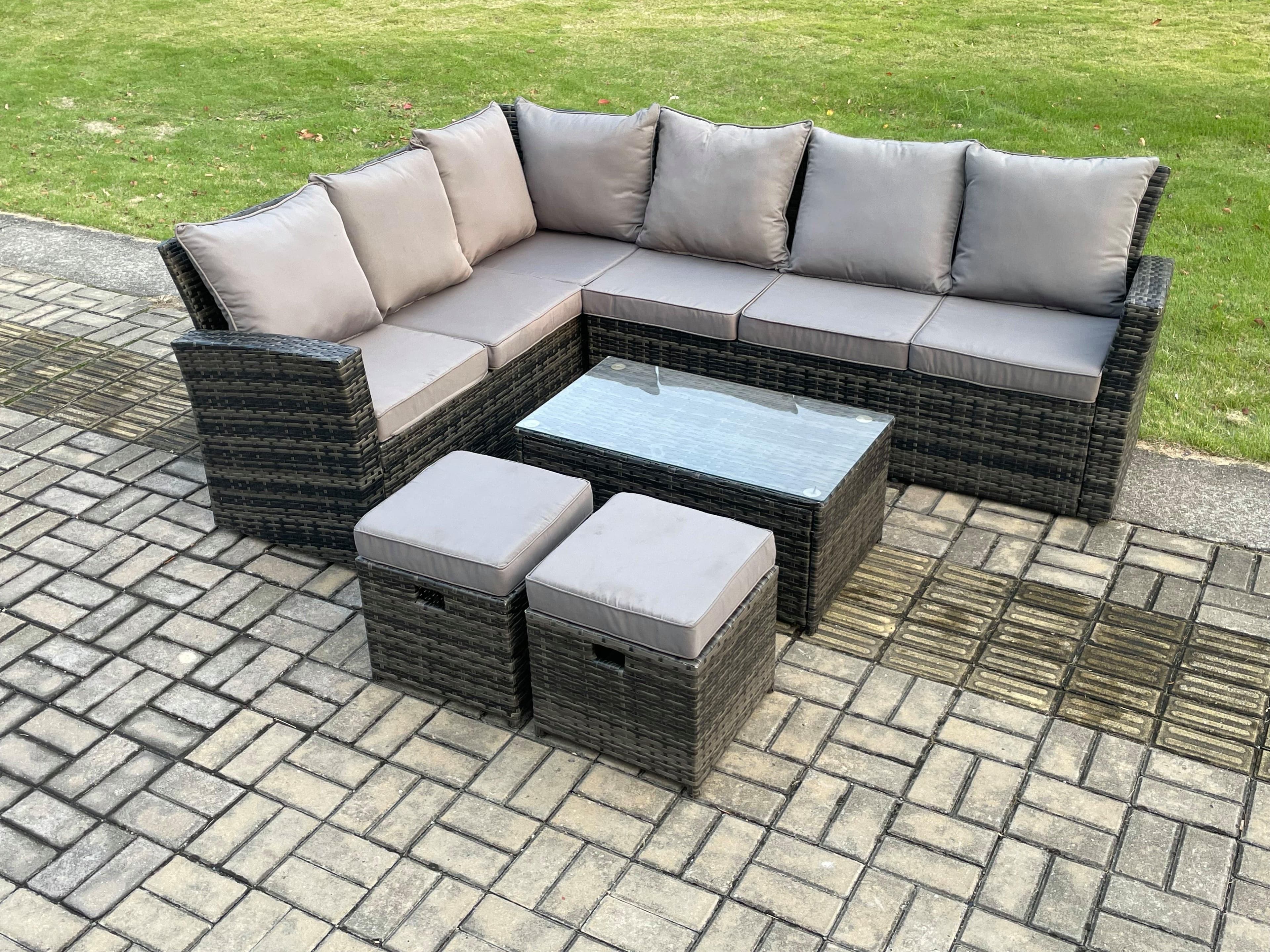 8 Seater Outdoor Furniture Garden Dining Set Rattan Corner Sofa Set Rectangular Coffee Table 2 Small Footstools