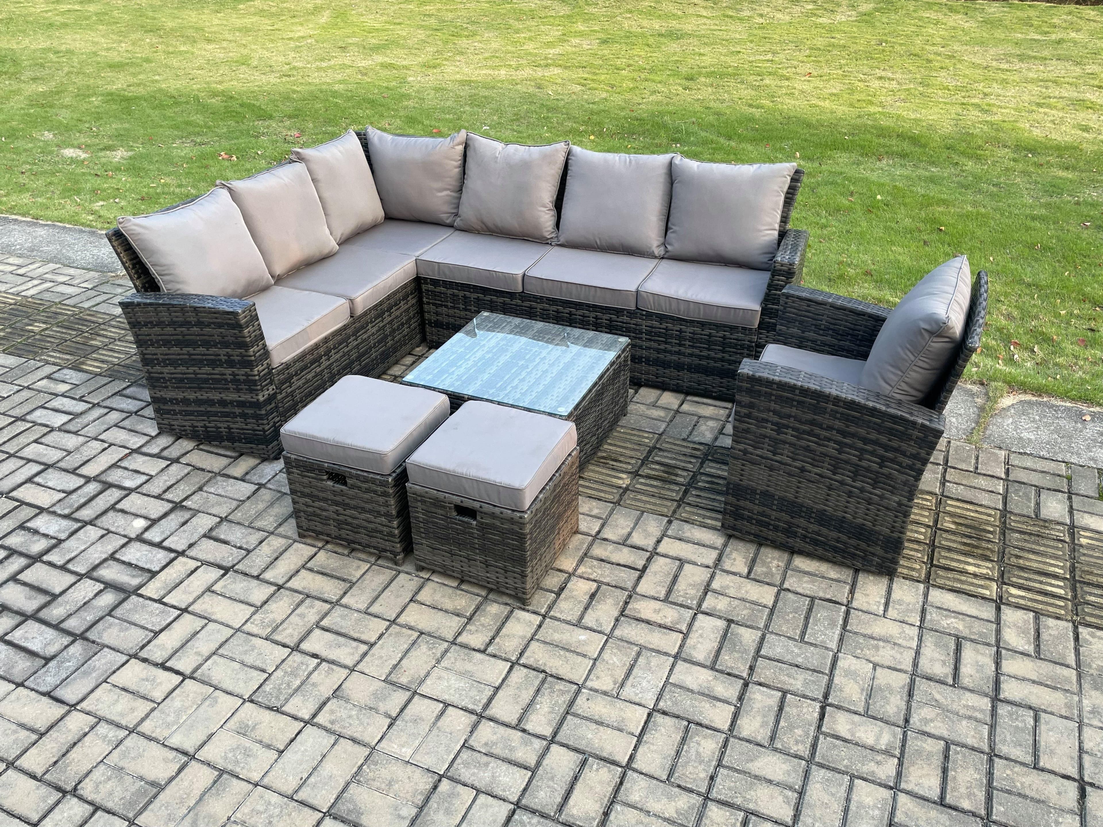 9 Seater Outdoor Furniture Garden Dining Set Rattan Corner Sofa Set Square Coffee Table 2 Small Footstools Dark Grey Mixed