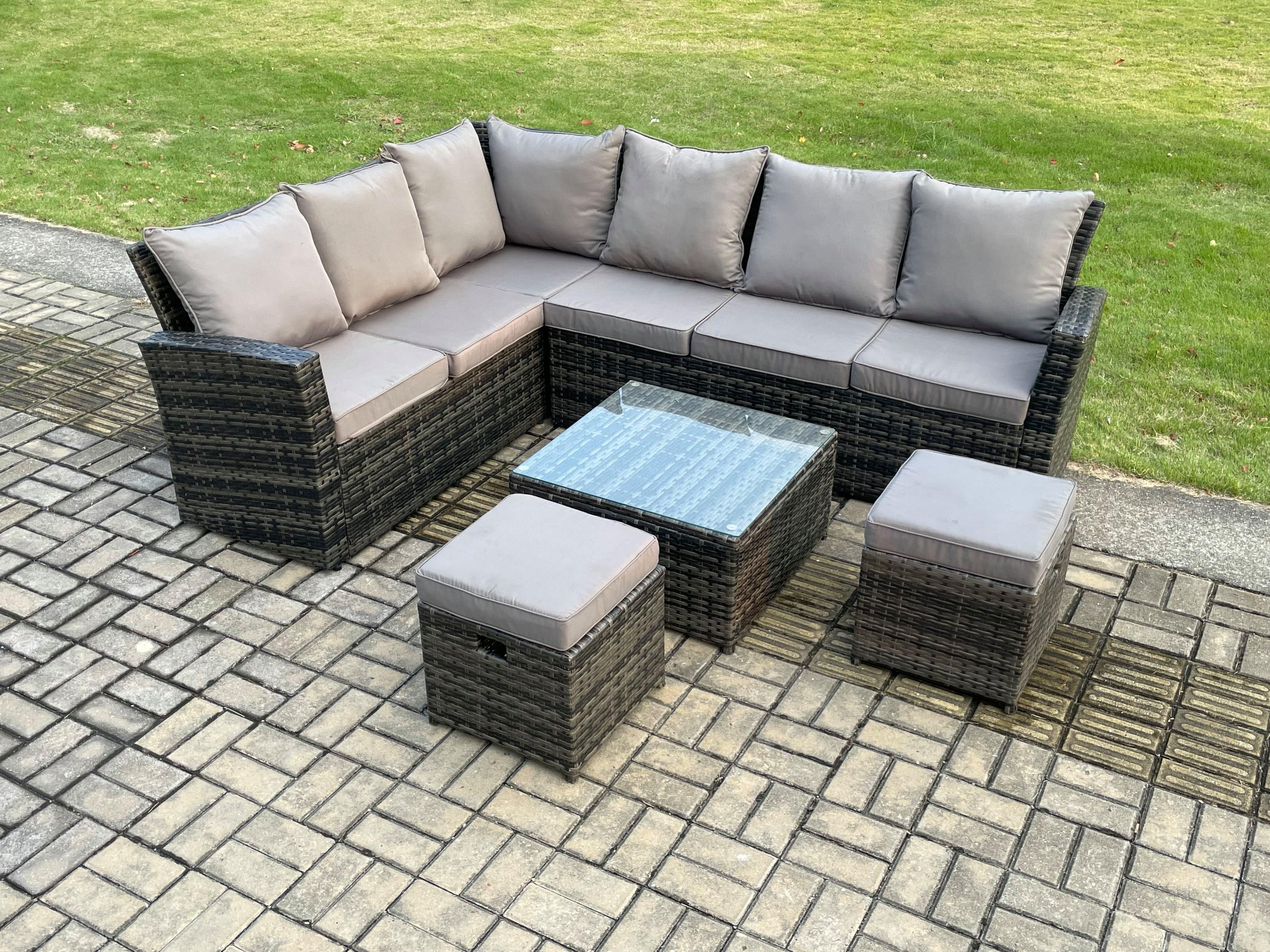 8 Seater Outdoor Furniture Garden Dining Set Rattan Corner Sofa Set Square Coffee Table 2 Small Footstools Dark Grey Mixed