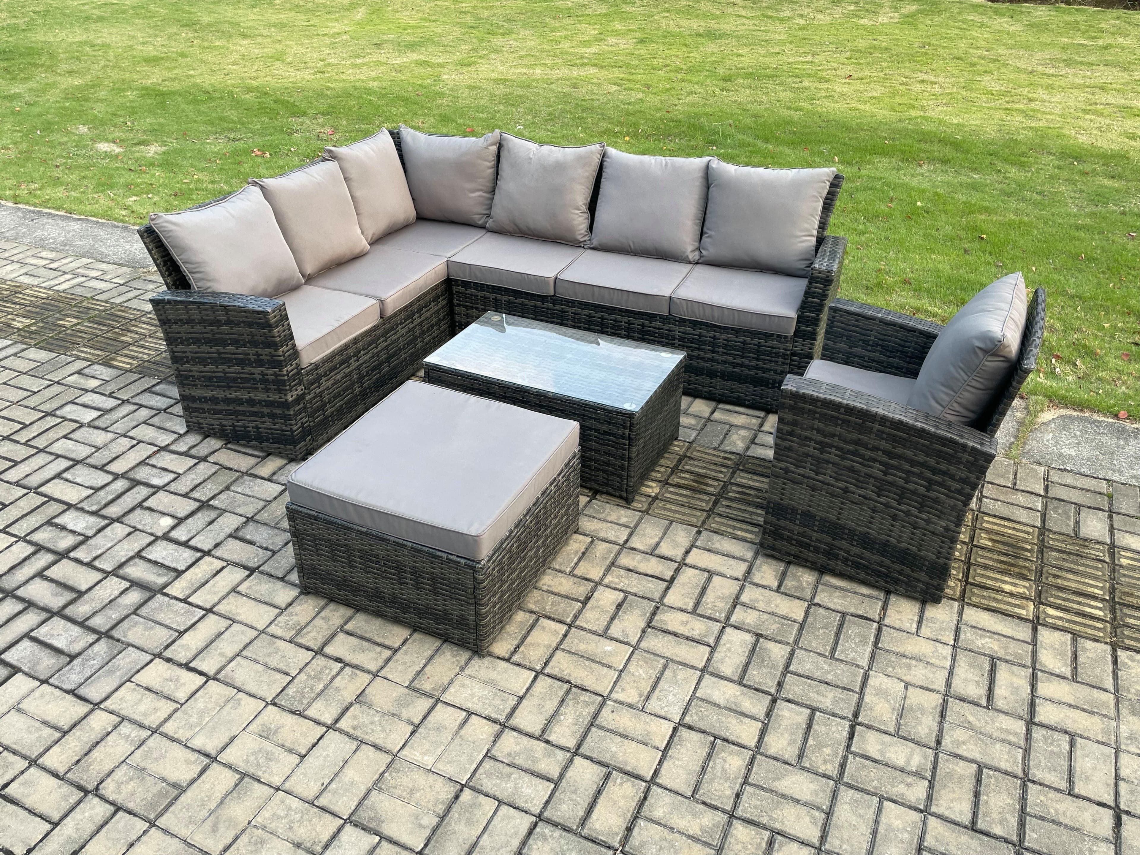 8 Seater Rattan Garden Furniture Corner Sofa Set Outdoor Patio Sofa Chair Table Set Rectangular Coffee Table