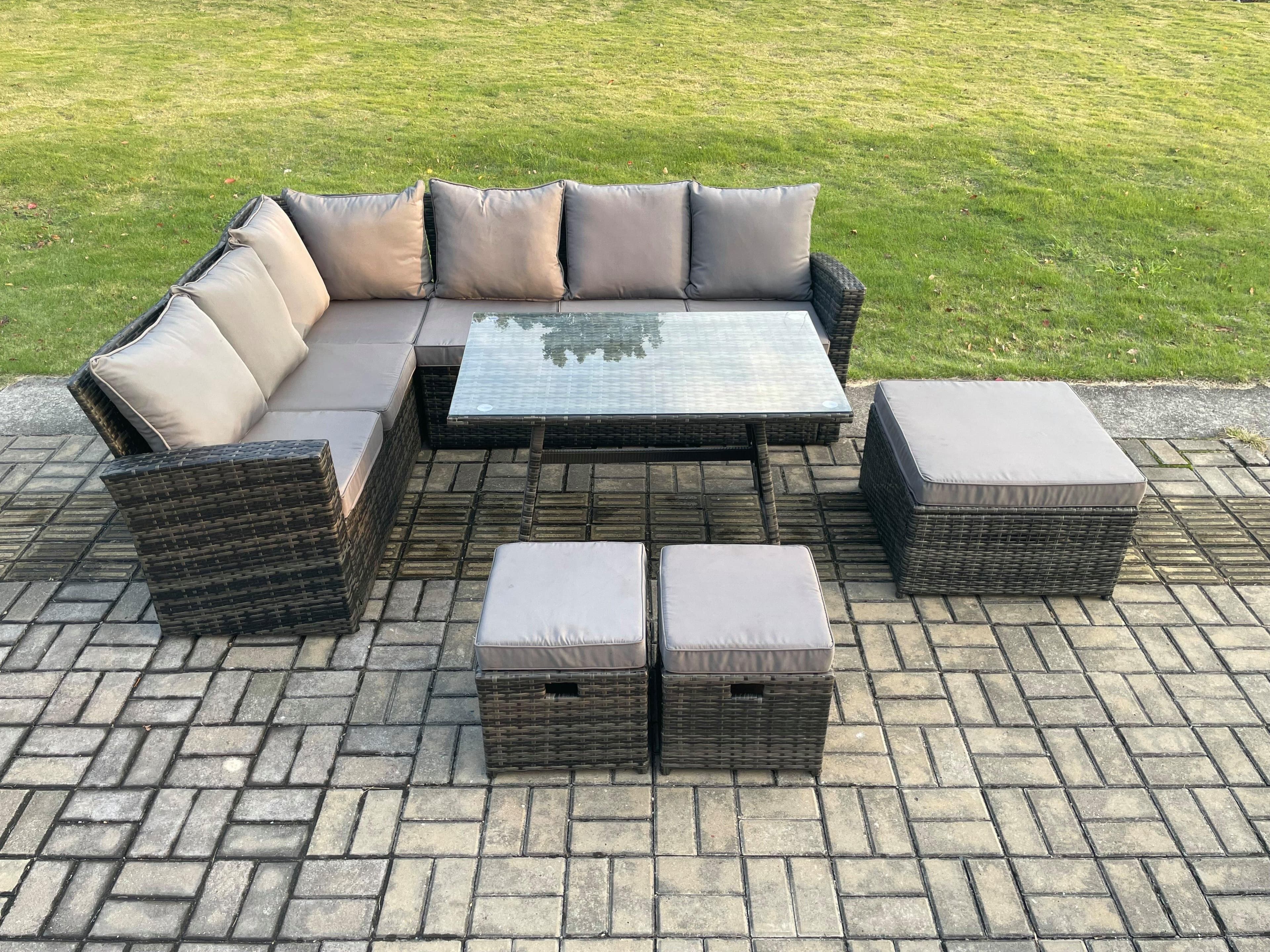Outdoor Furniture Garden Dining Set Rattan Corner Sofa Set Rectangular Dining Table 3 Footstools Dark Grey Mixed