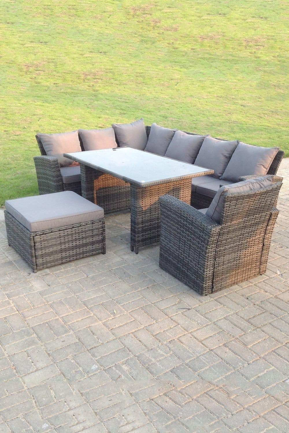 8 Seater High Back Rattan Set Corner Sofa Tempered Dining Table Footstool Arm Chair