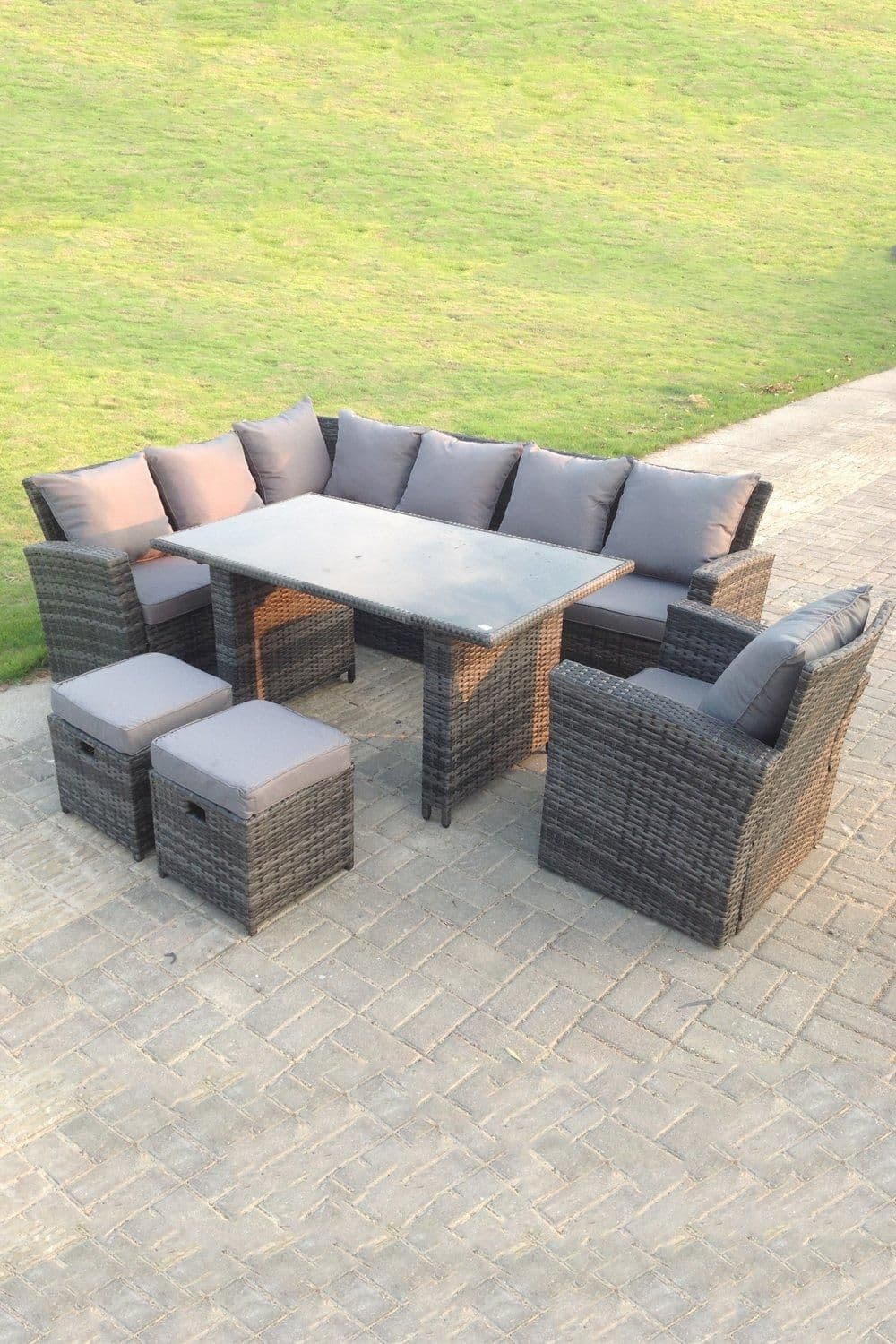 9 Seater High Back Rattan Set Corner Sofa Tempered Dining Table 2 Stools Arm Chair