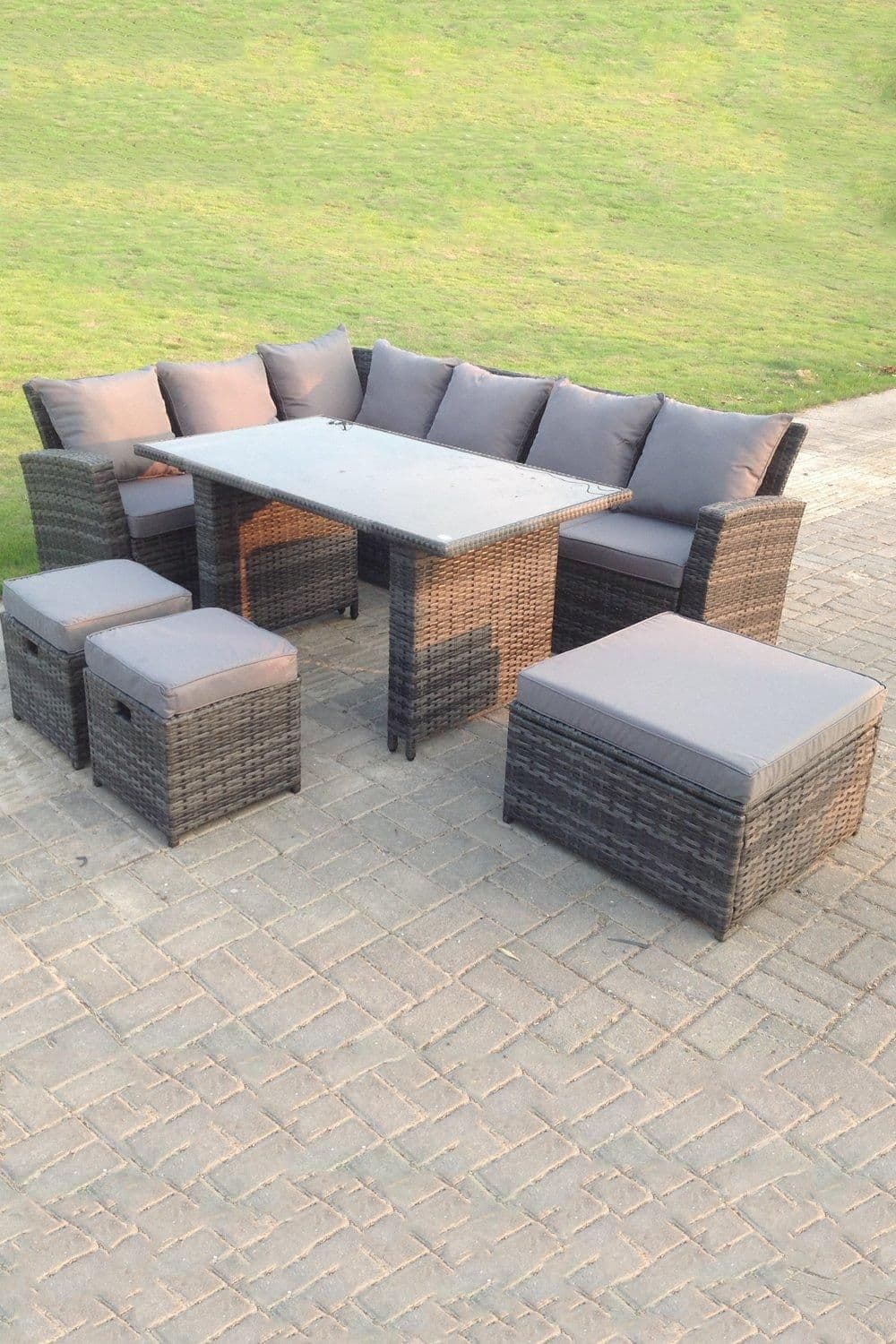 9 Seater High Back Rattan Set Corner Sofa Tempered Dining Table 3 Footstools