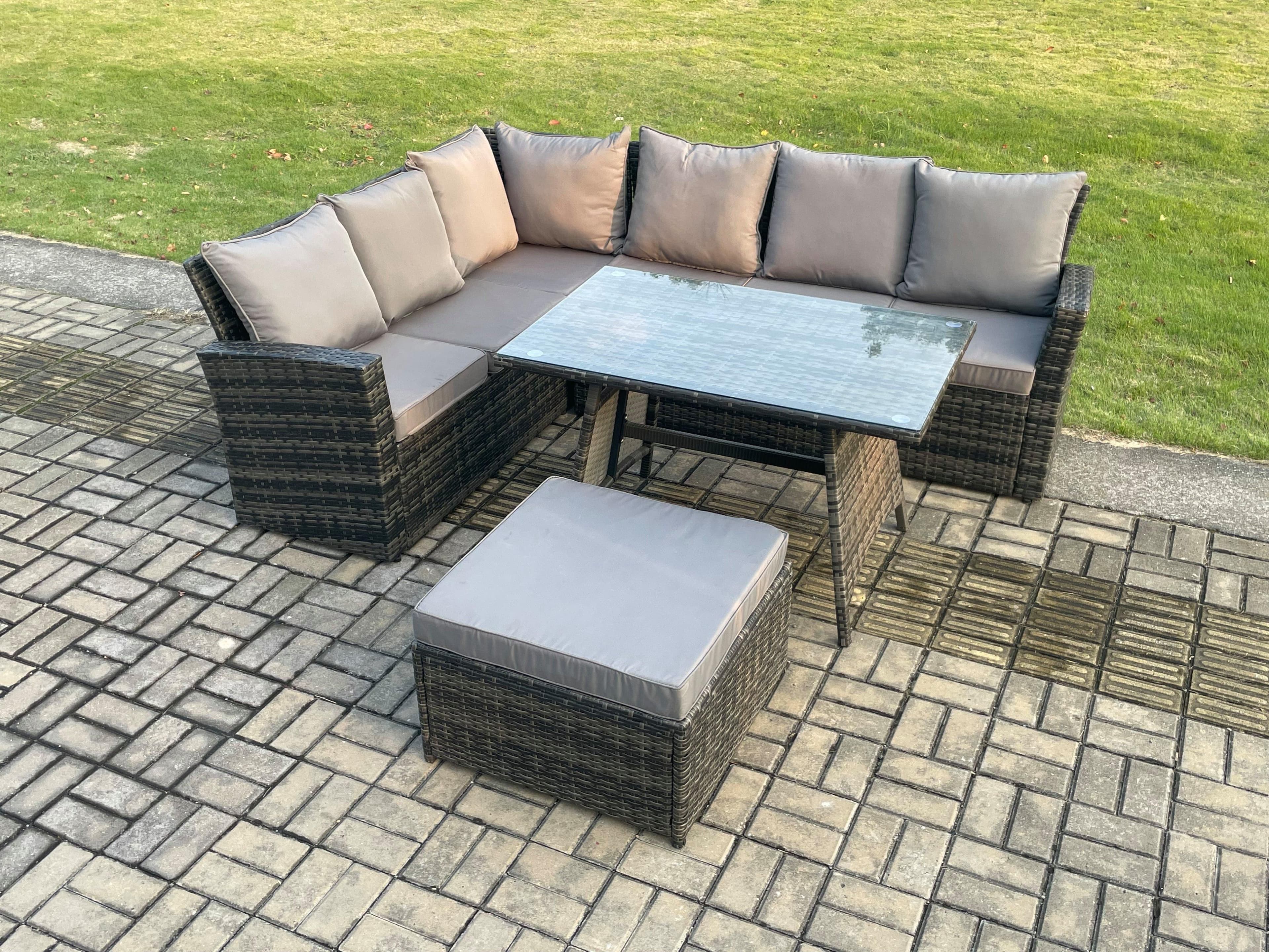 Outdoor Furniture Garden Dining Set Rattan Corner Sofa Set Rectangular Dining Table Big Footstool