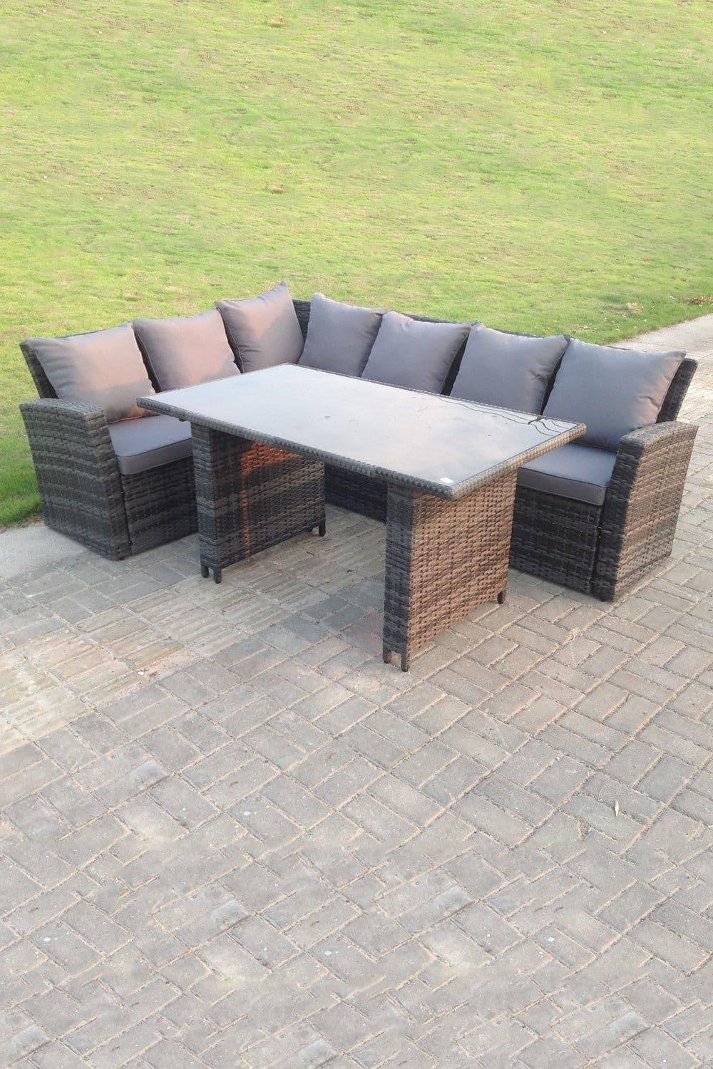6 Seater High Back Rattan Set Corner Sofa Tempered Glass Dining Table