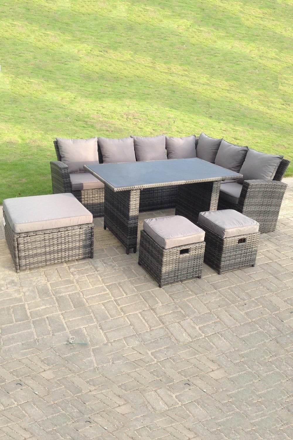 9 Seater High Back Rattan Set Corner Sofa Tempered Glass Dining Table 3 Stool