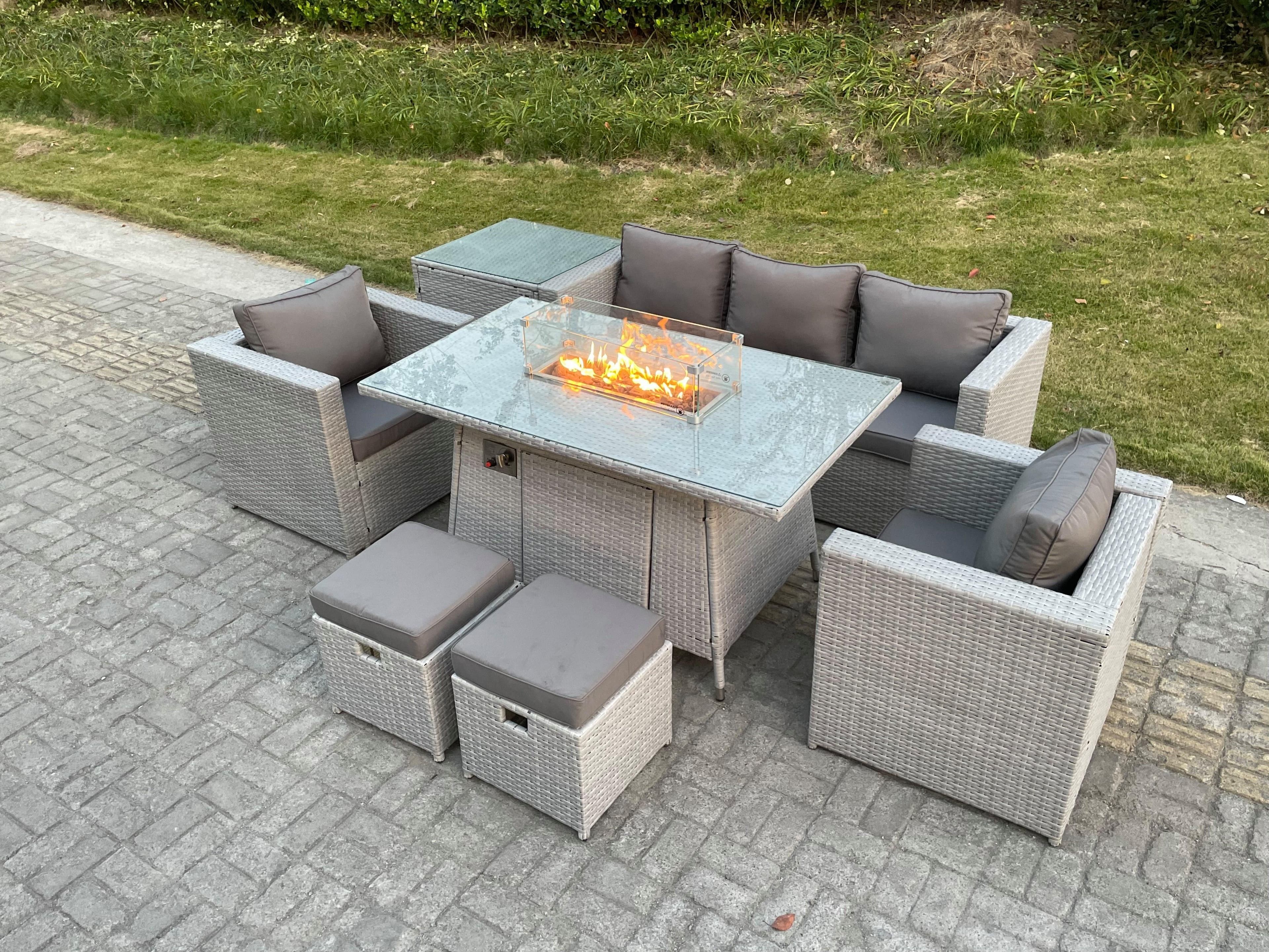 Rattan Garden Furniture Set Gas Fire Pit Lounge Sofa Chair Dining Set Side Table 2 PC Arm Chair
