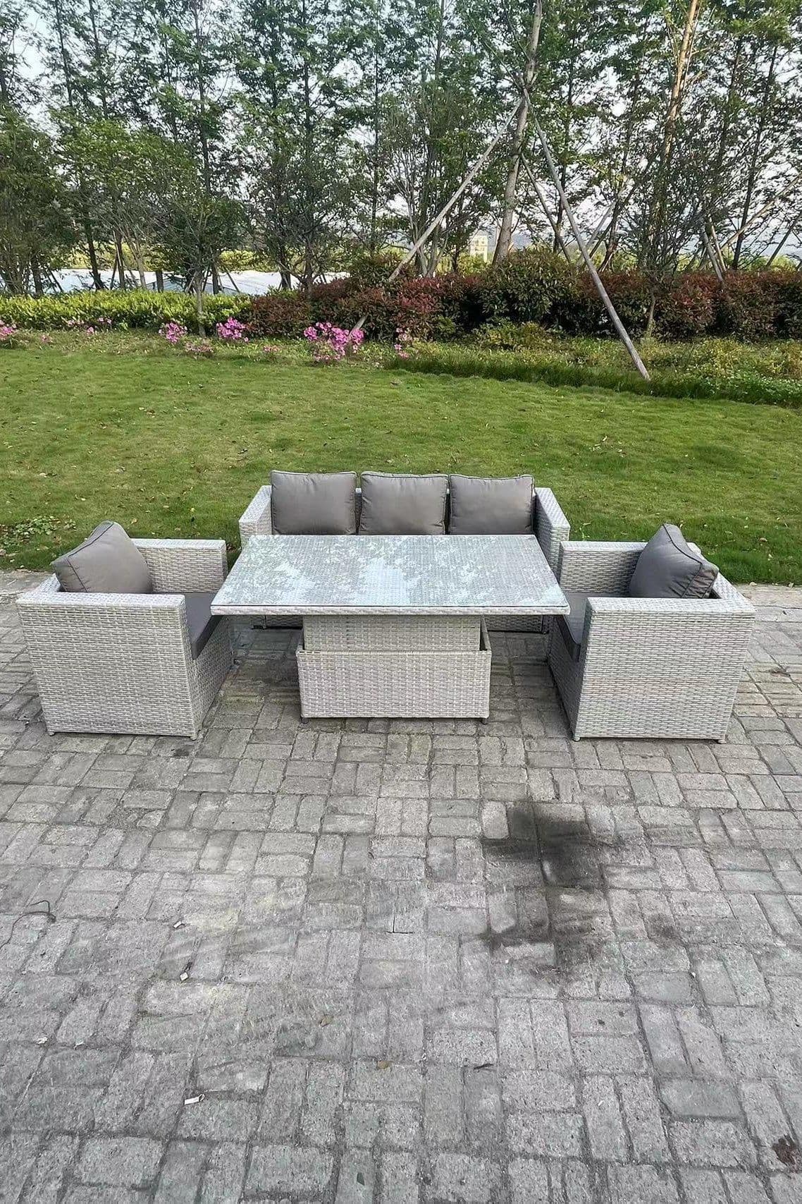 Rattan Garden Funiture Set Height Adjustable Rising Lifting Table Sofa Dining Set 2 Arm Chair