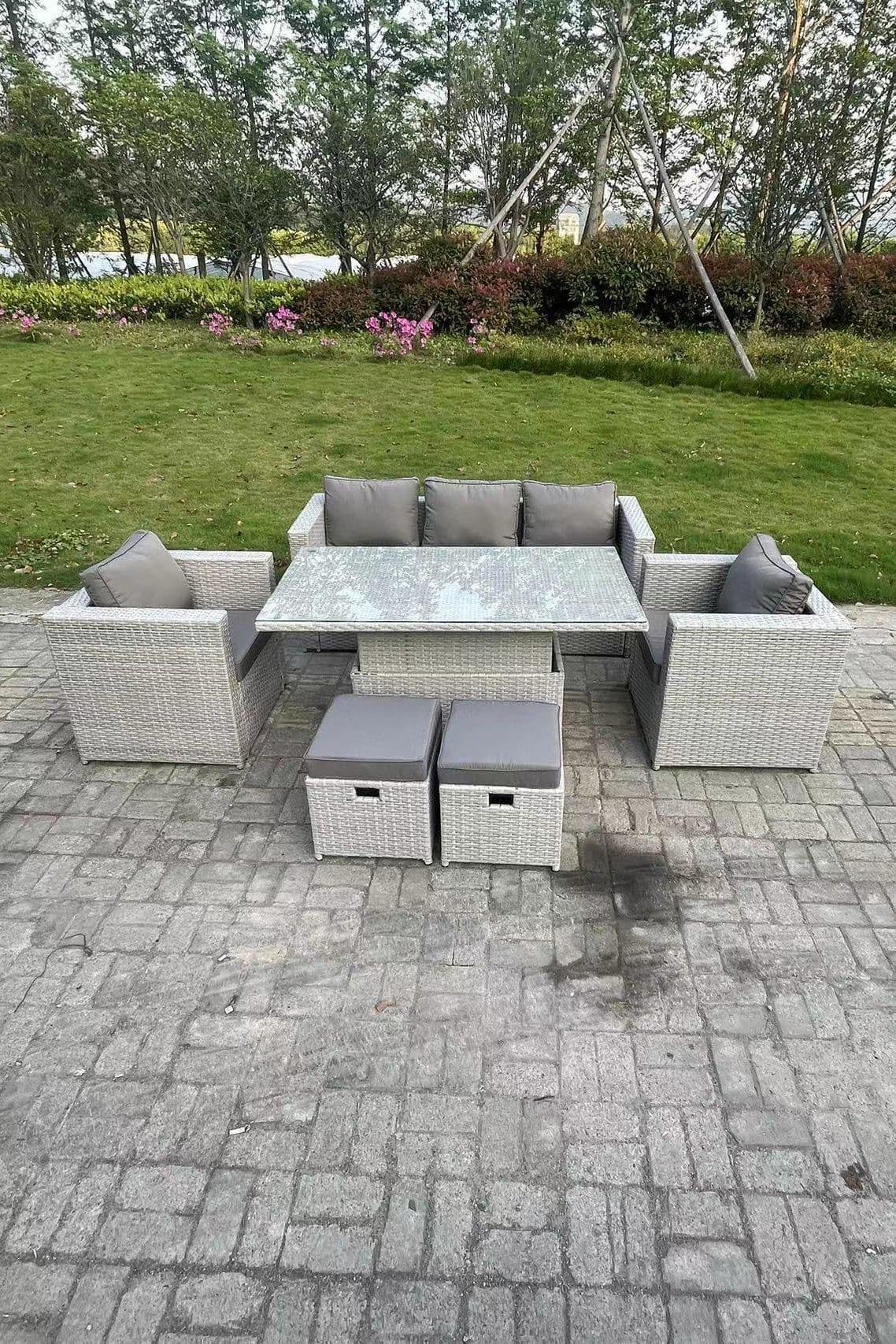 Rattan Garden Funiture Set Adjustable Rising Lifting Table Sofa Dining Set 2 Arm Chair Stool