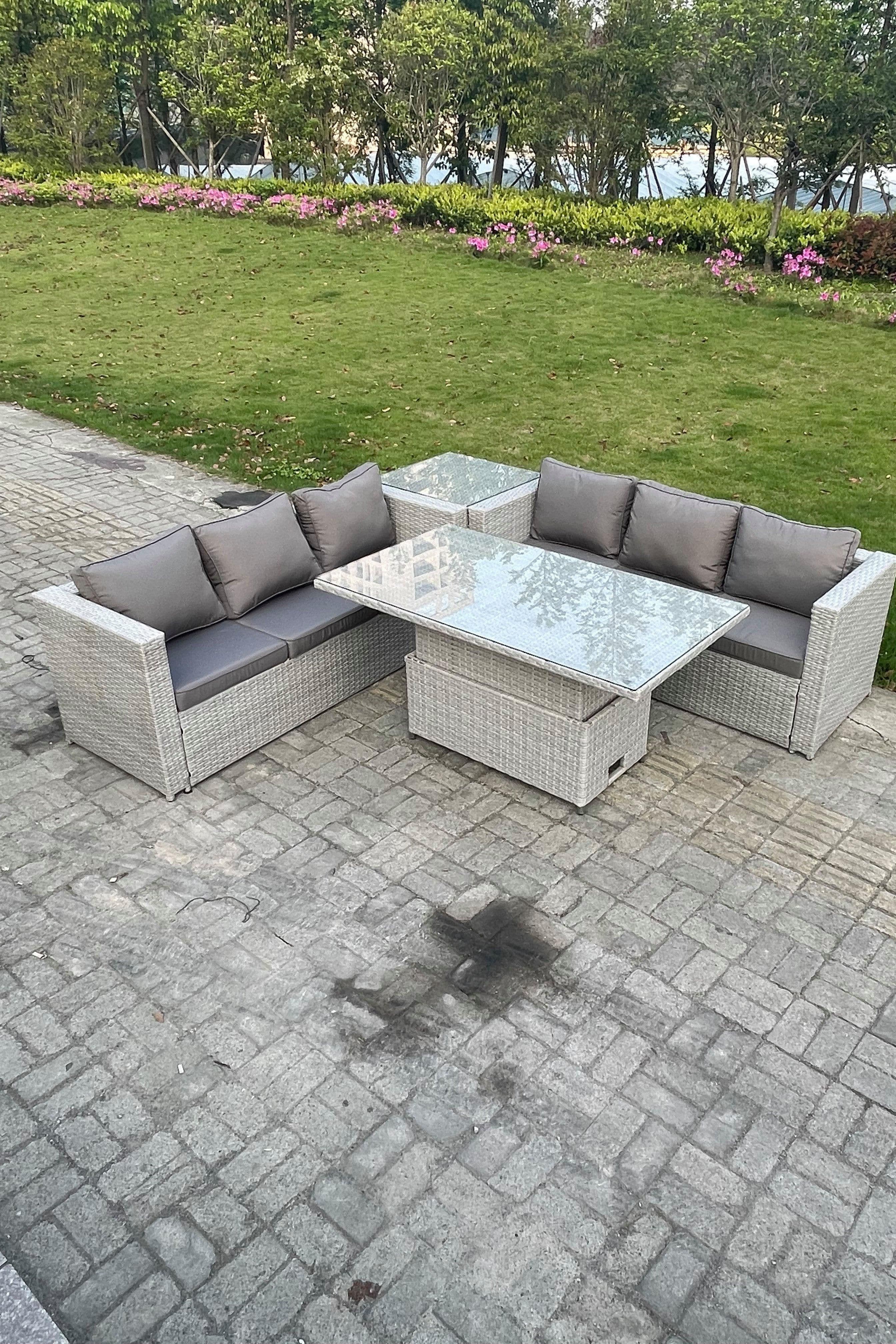 Rattan Garden Funiture Set Height Adjustable Rising Lifting Table Sofa Dining Set Coffee Tea Table