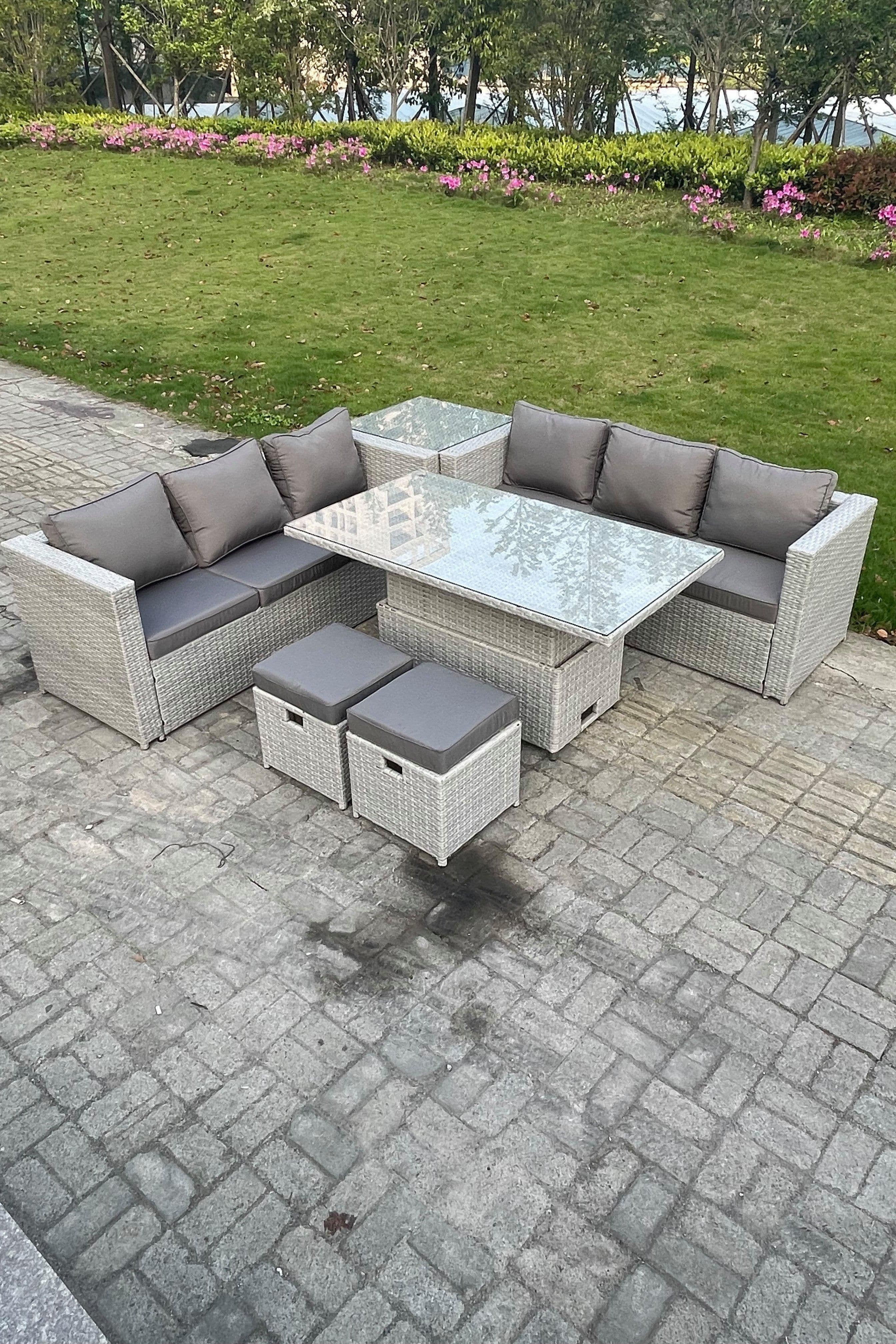 Rattan Garden Funiture Set Height Adjustable Rising Lifting Table Sofa Dining Set Side Table Stool