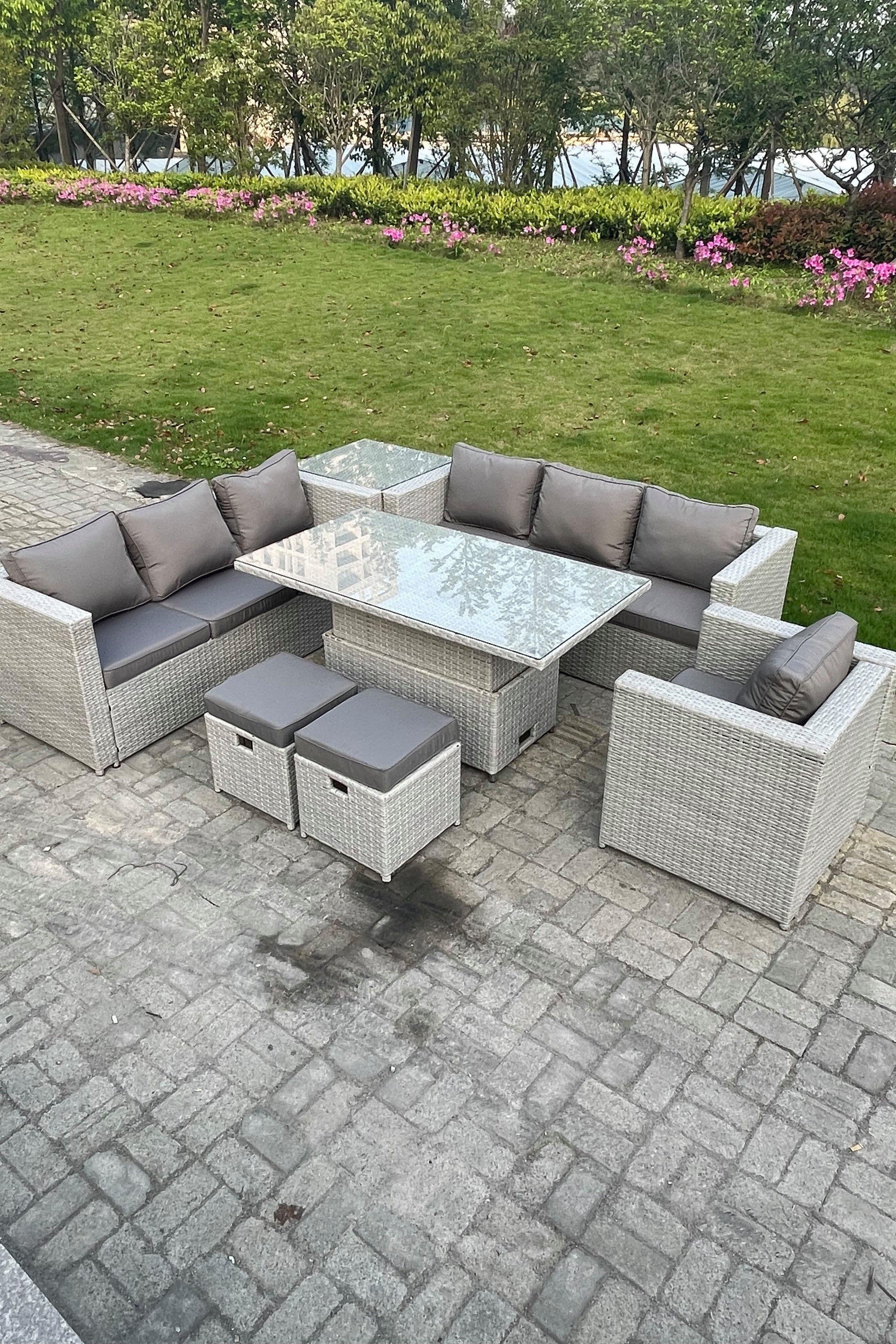 Rattan Garden Funiture Set Height Adjustable Rising Lifting Table Sofa Dining Set Table Chair Stool