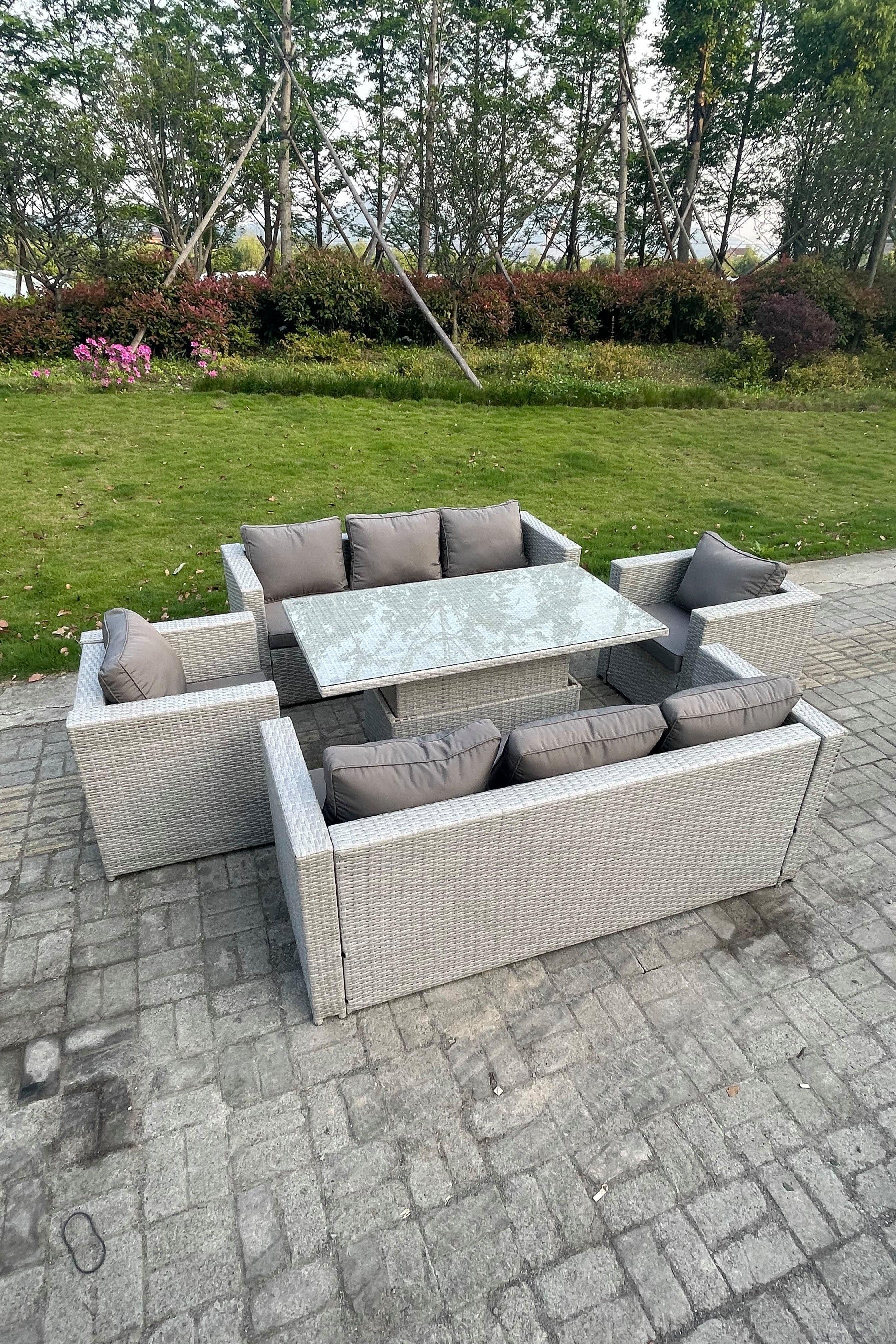 Rattan Garden Funiture Set Adjustable Rising Lifting Table Sofa Dining Set Lounge Sofa Arm Chair