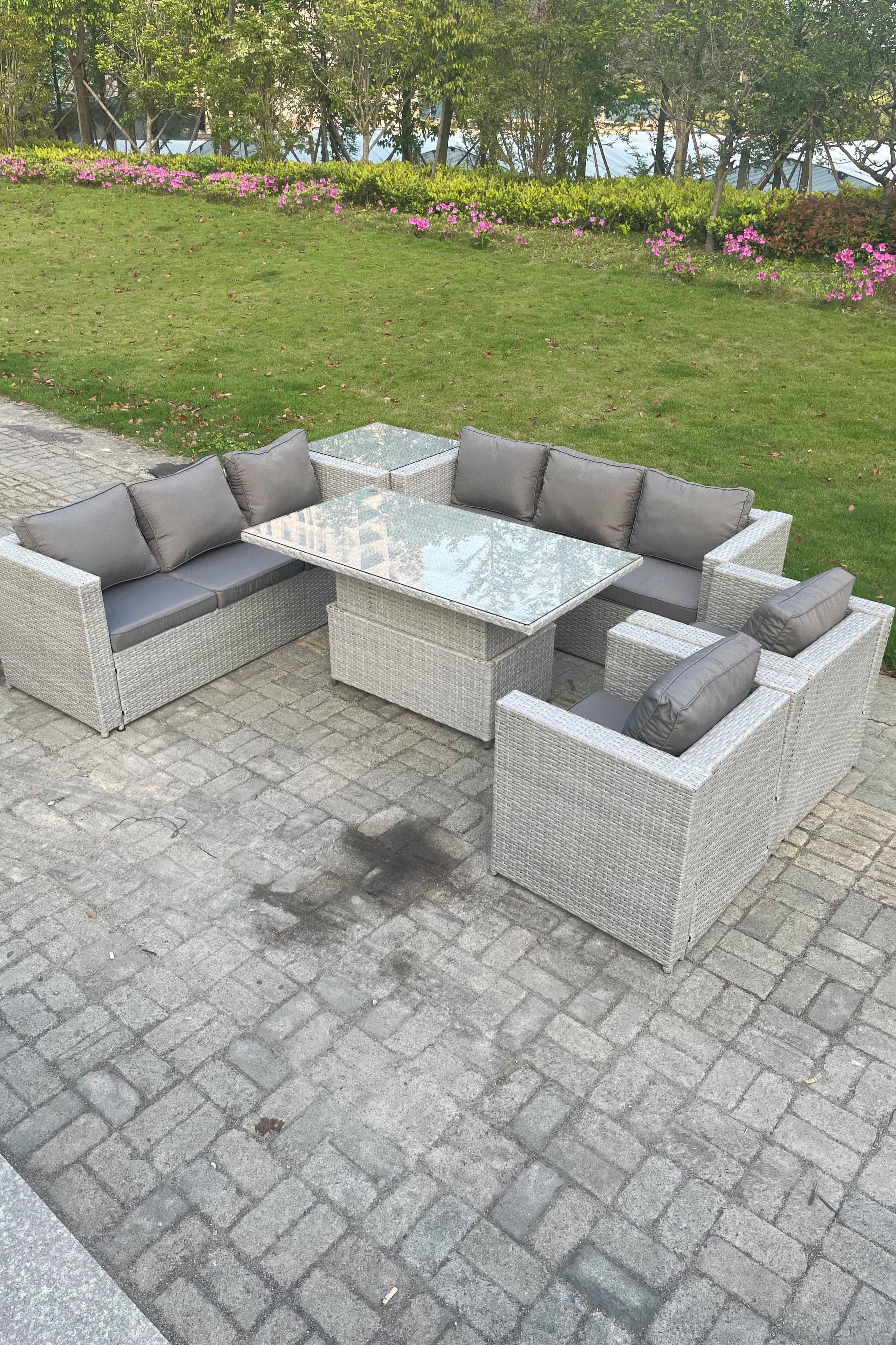Rattan Garden Funiture Set Height Adjustable Rising Lifting Table Sofa Dining Set Lounge Sofa
