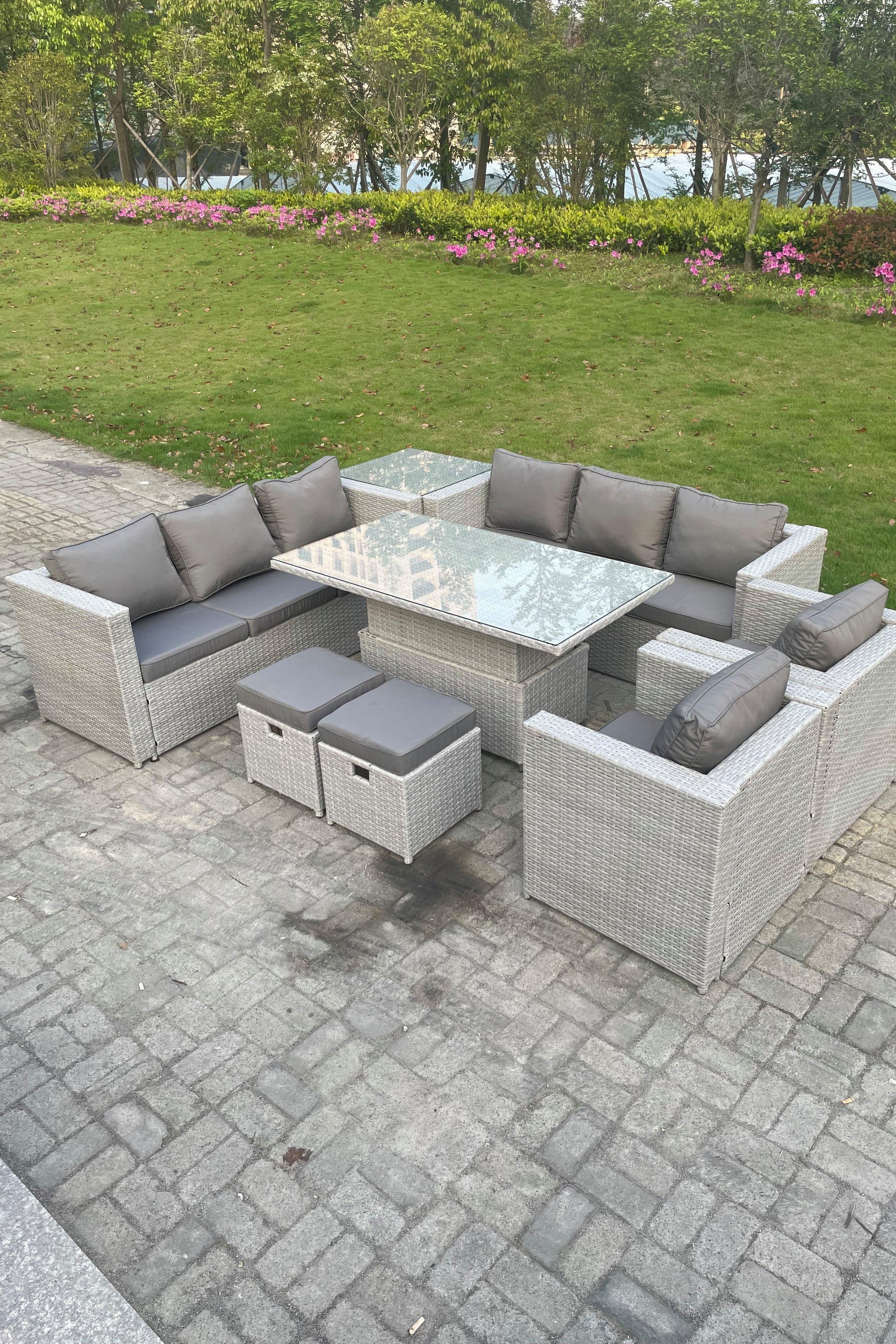 Rattan Garden Funiture Set Height Adjustable Rising Lifting Table Sofa Dining Set Lounge Chair
