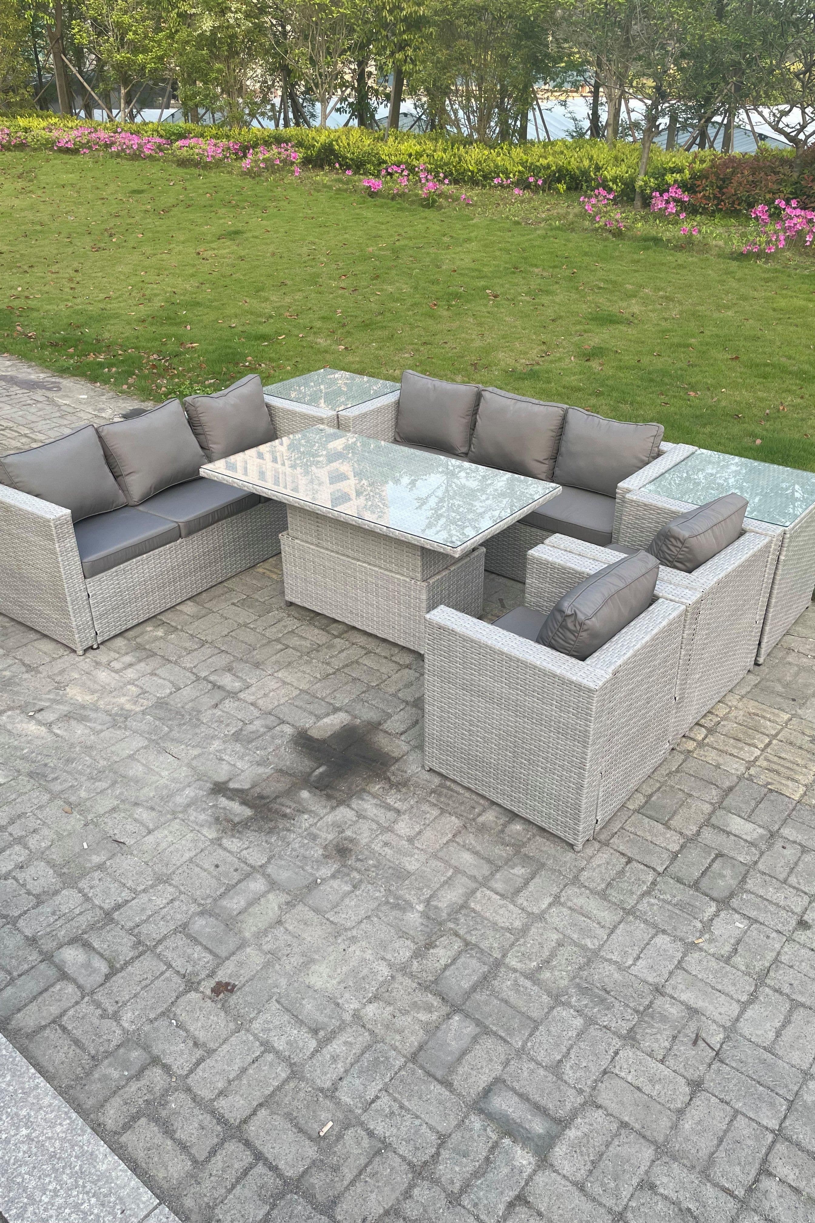 Rattan Garden Funiture Set Adjustable Rising Lifting Table Sofa Dining Set Lounge Sofa 2 Arm Chair