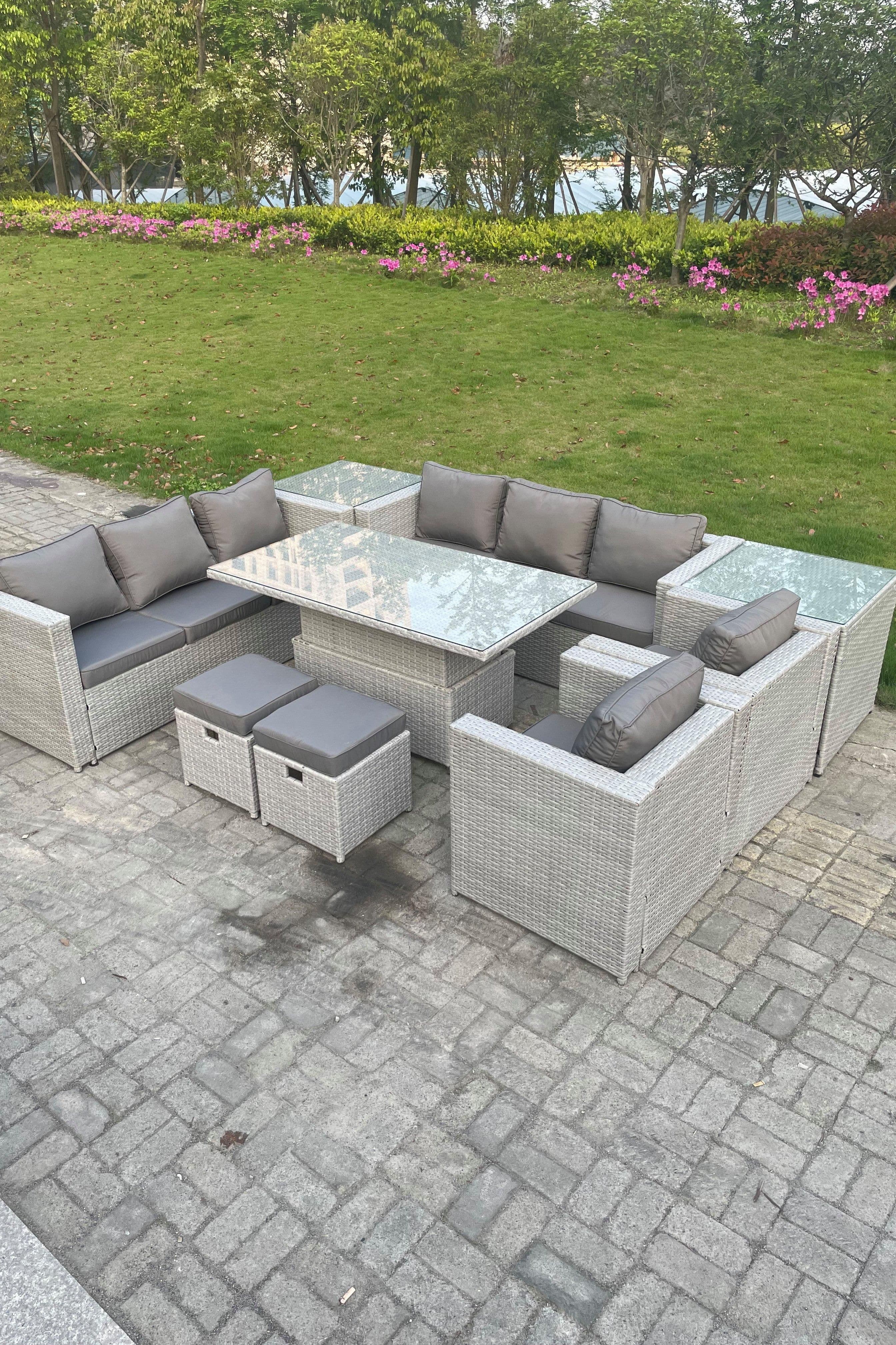 Rattan Garden Funiture Set Adjustable Rising Lifting Table Sofa Dining Set Lounge Chair Table Stool
