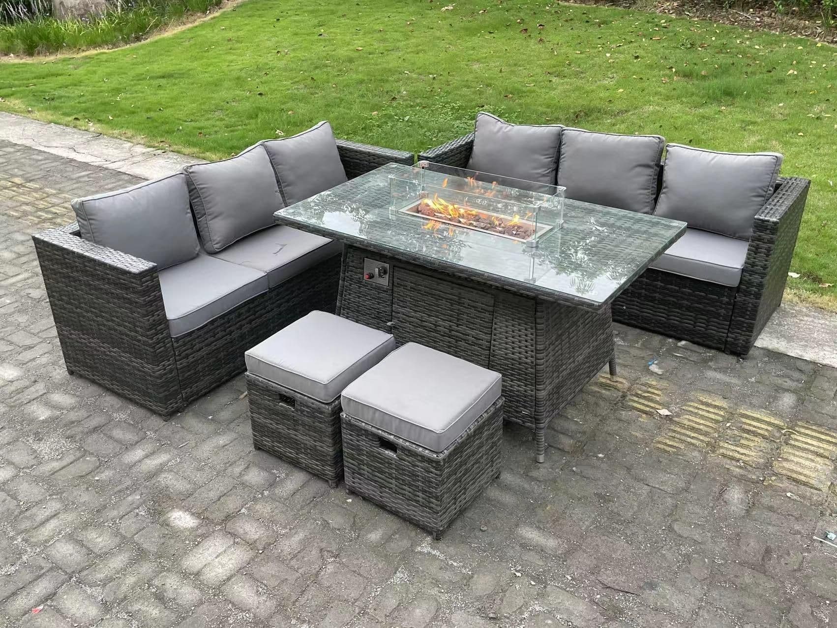 8 Seater Outdoor Rattan Sofa Set Garden Furniture Gas Firepit Set Heater Dining Table Footstools Dark Grey