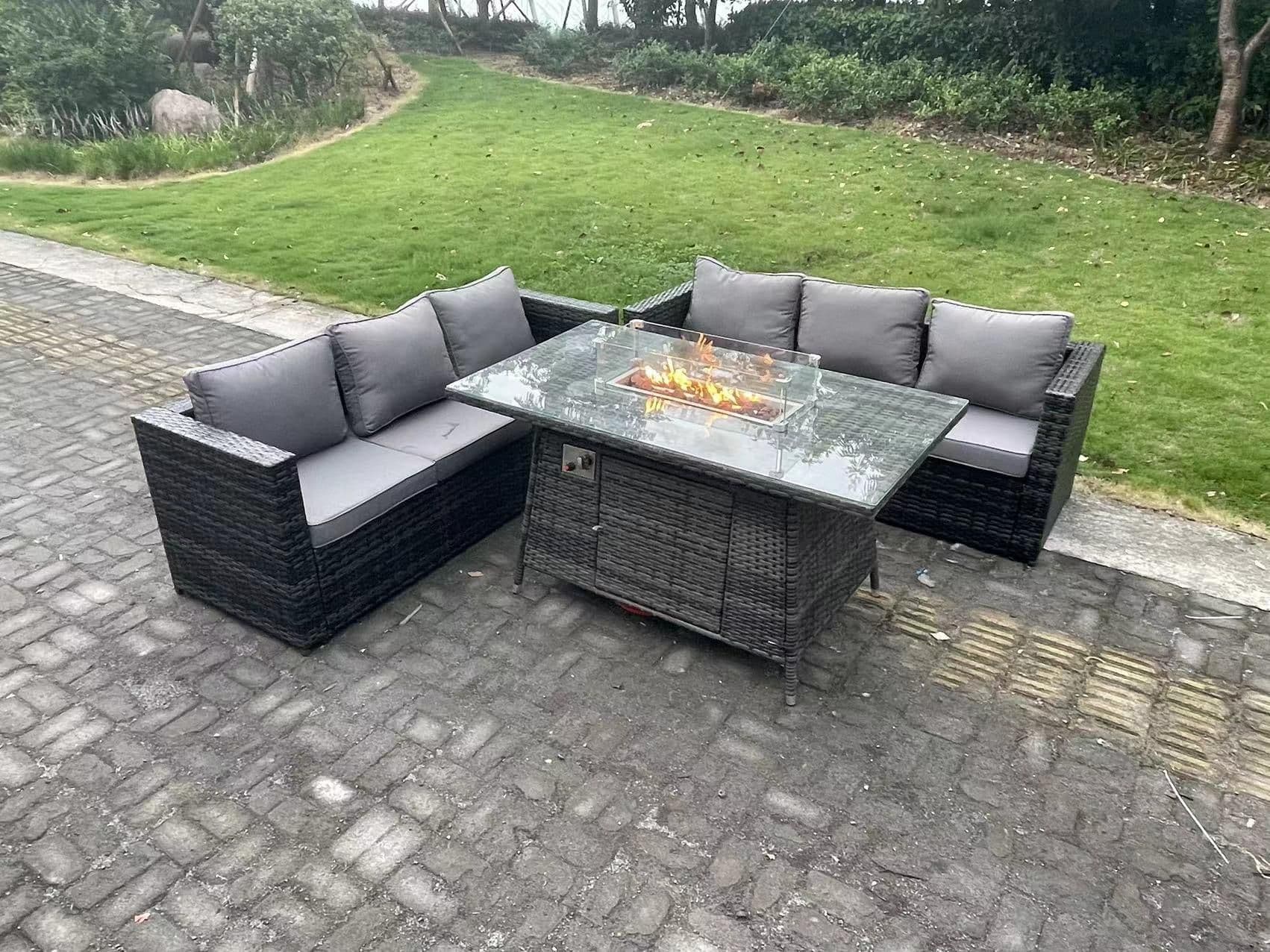 6 Seater Outdoor Rattan Sofa Set Garden Furniture Gas Firepit Set Dining Table Heater Dark Grey Mixed