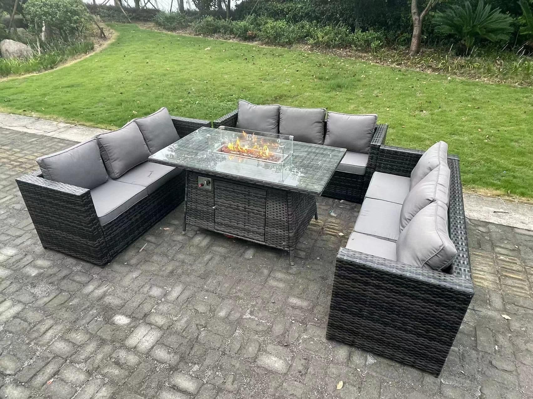 9 Seater U Shape Outdoor Lounge Rattan Sofa Set Garden Furniture Gas Firepit Set Dining Table Dark Grey