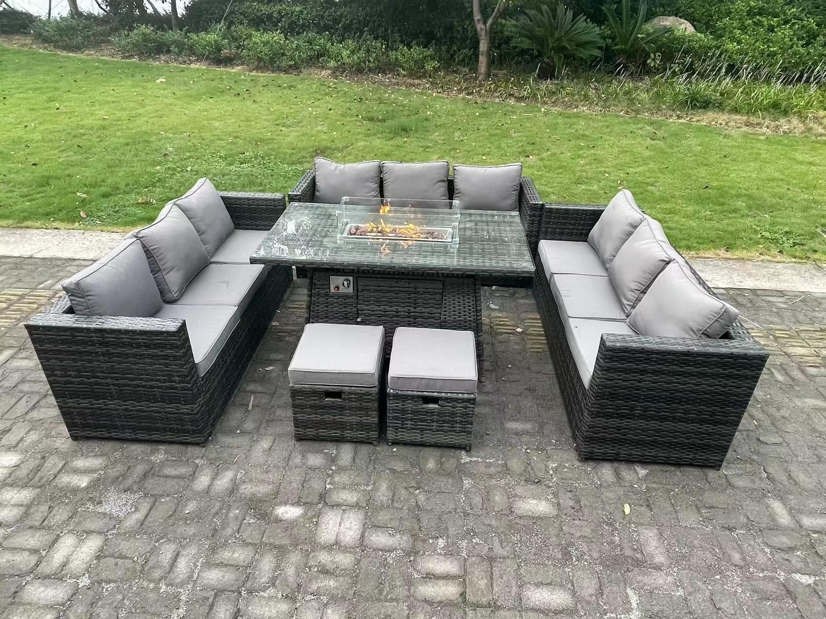11 Seater Outdoor Lounge Rattan Sofa Set Garden Furniture Gas Firepit Set Dining Table Stools Dark Grey