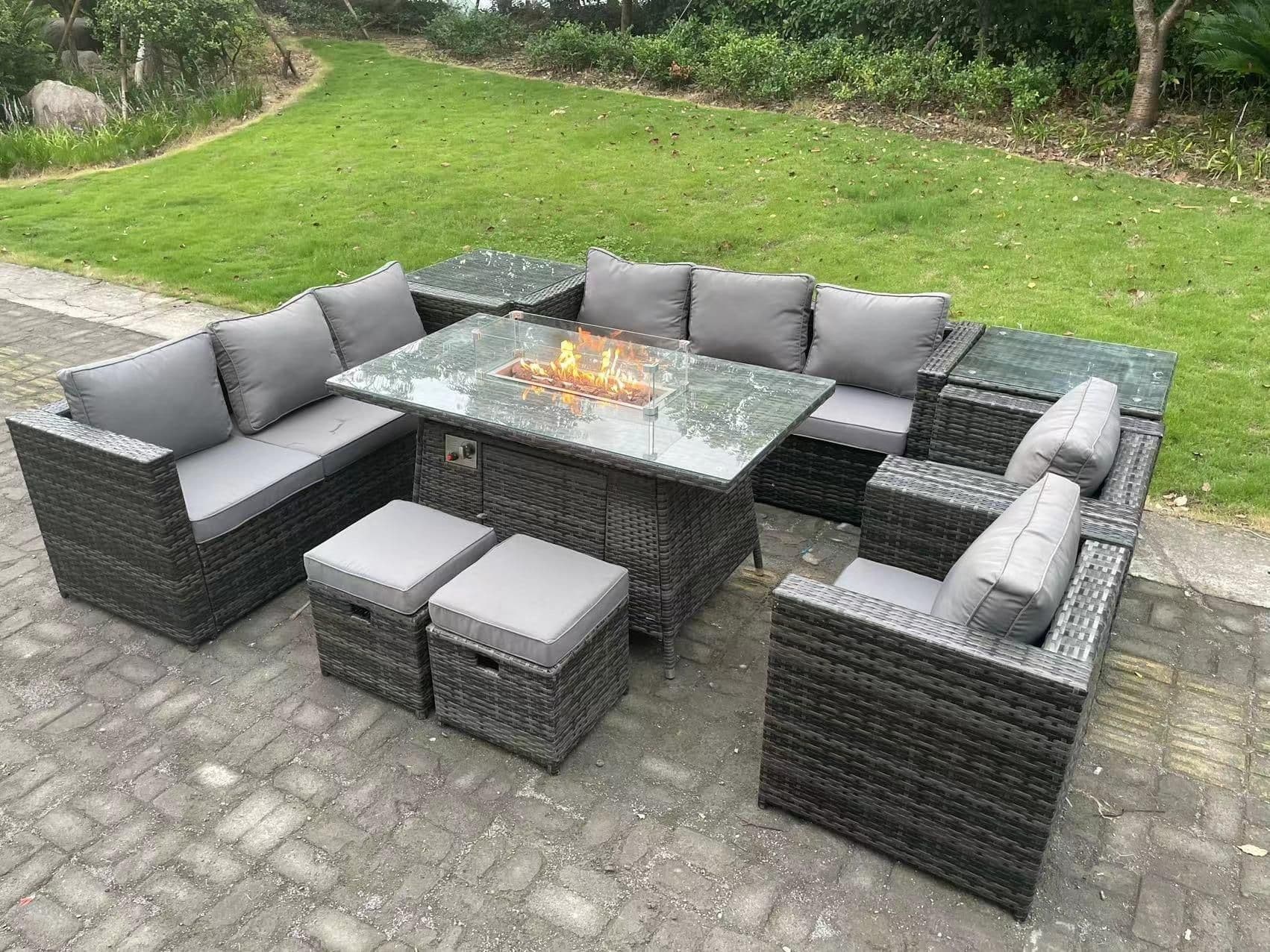 10 Seater Outdoor Lounge Rattan Sofa Set Garden Furniture Gas Firepit Set Heater Dining Table Chair