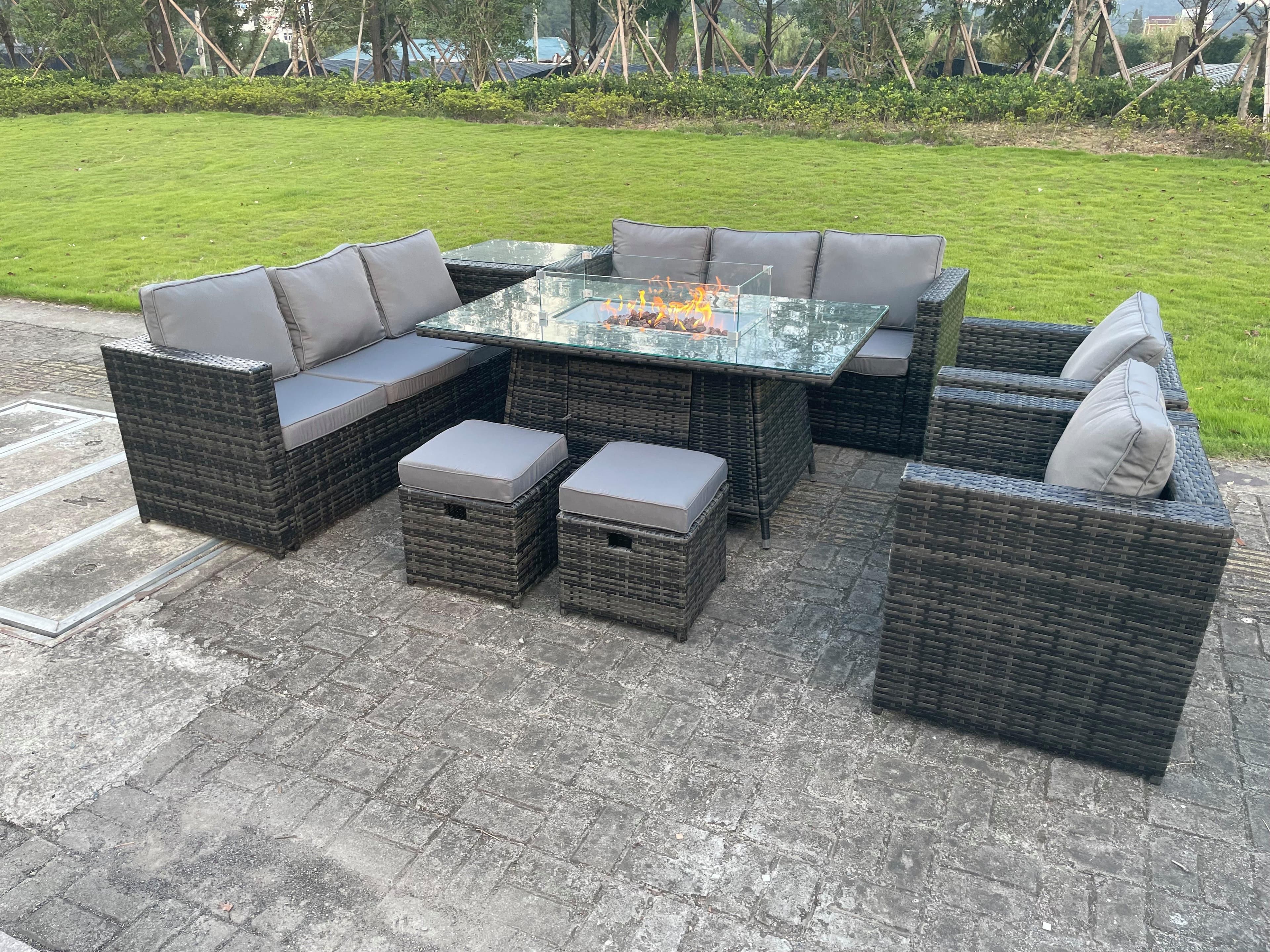 10 Seater Outdoor Lounge Rattan Sofa Set Garden Furniture Gas Firepit Set Dining Table Chair Coffee Table