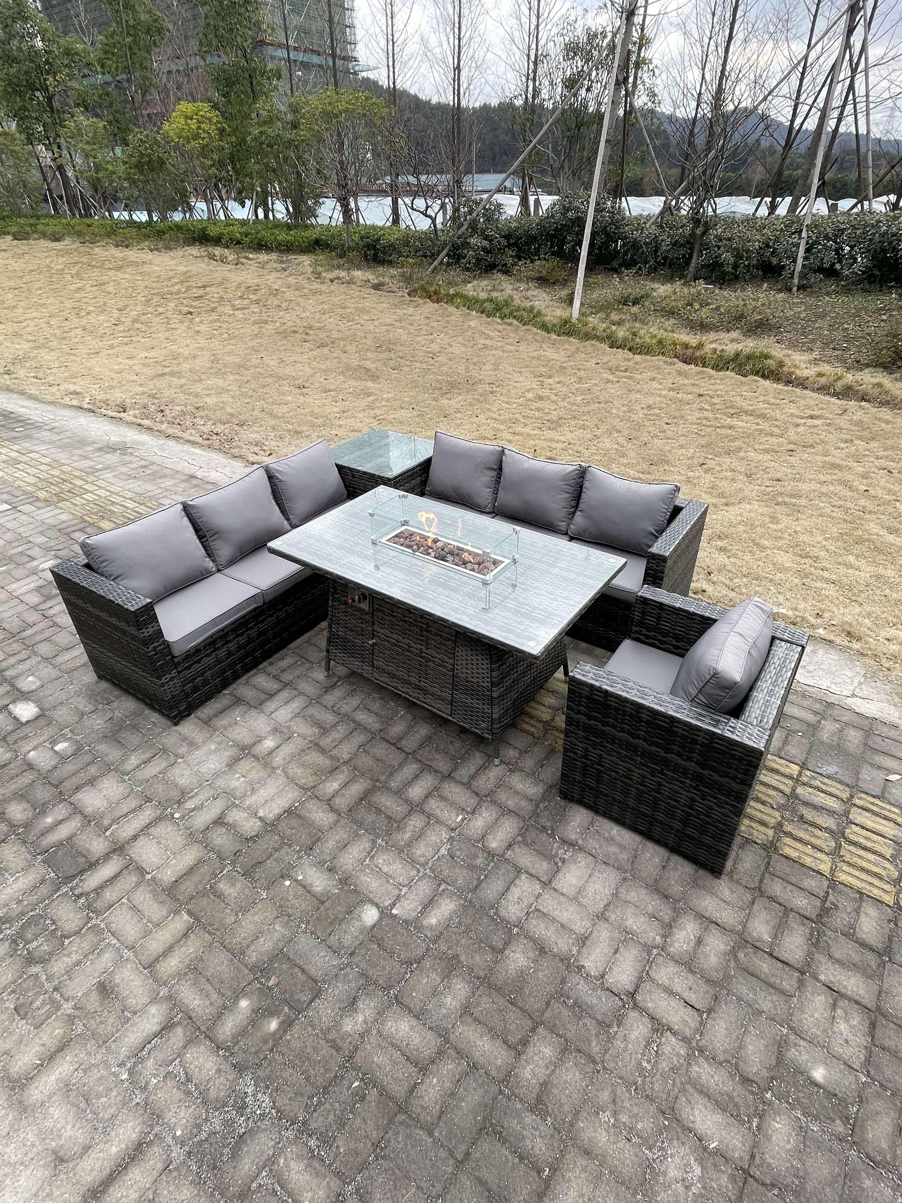 7 Seater PE Rattan Corner Sofa Set garden Furniture Gas Firepit Dining Table Set High Side Coffee Table