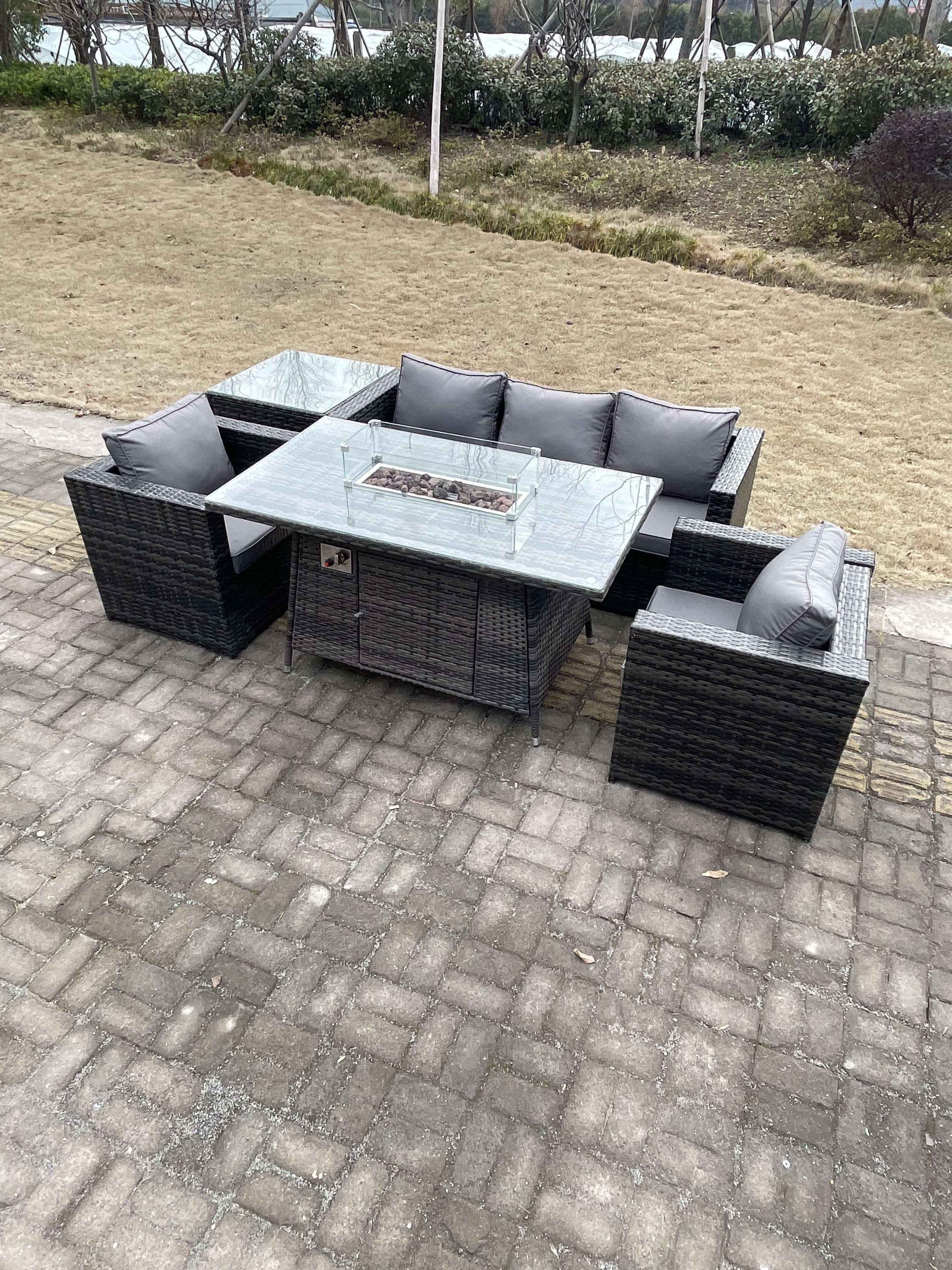 Outdoor PE Rattan Garden Furniture Gas Fire Pit Dining Table Armchairs Side Coffee Table Dark Grey Mixed