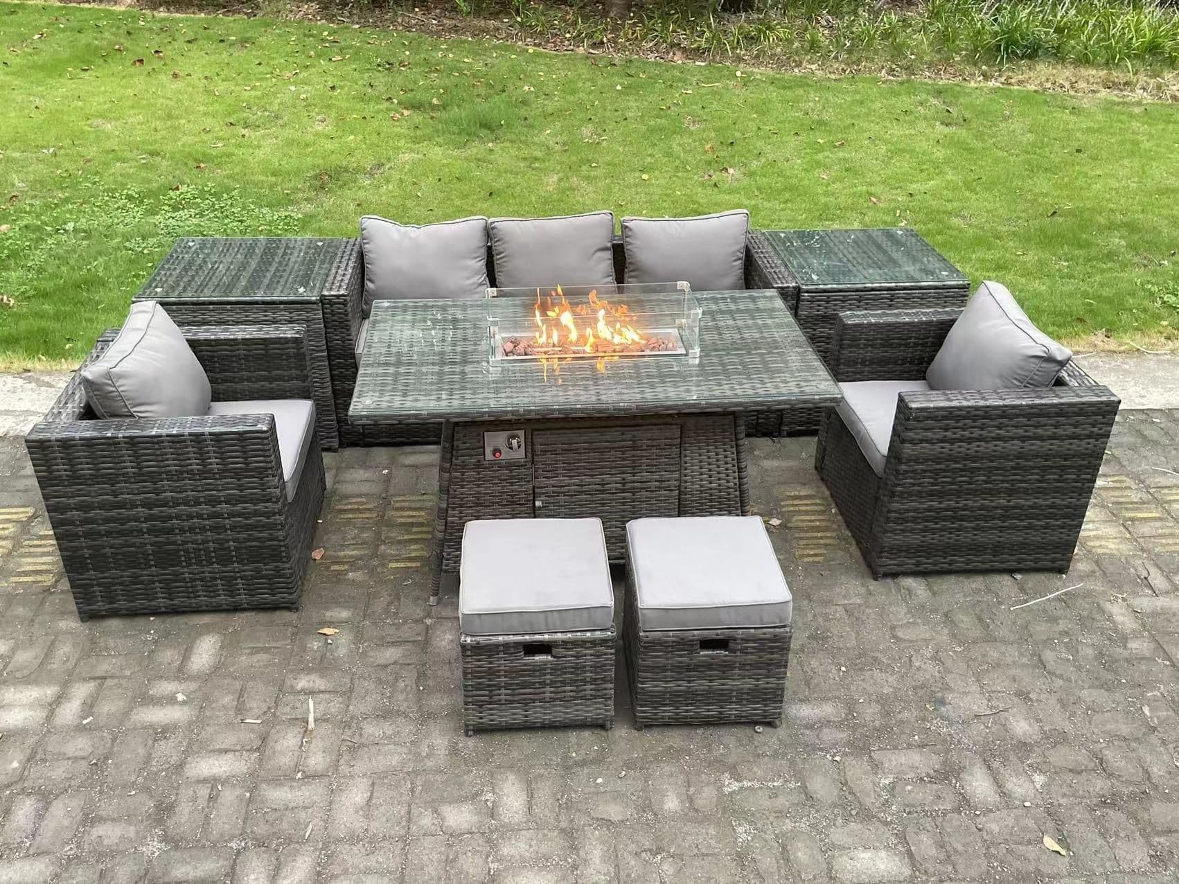 Outdoor PE Rattan Garden Furniture Gas Fire Pit Dining Table Armchairs 2 Side Coffee Table Stools