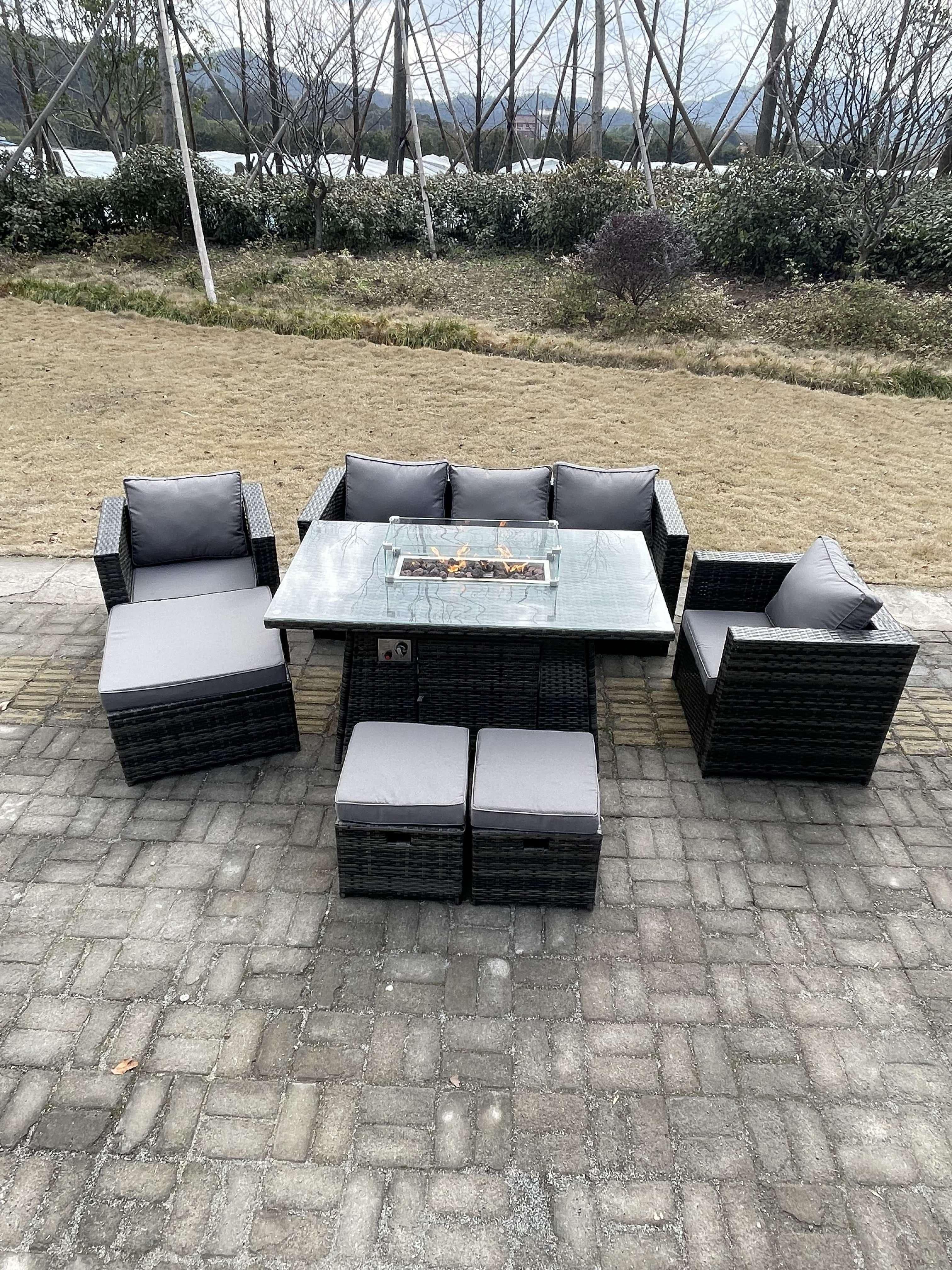 Outdoor PE Rattan Garden Furniture Gas Fire Pit Dining Table Armchairs 3 Stools Dark Grey Mixed