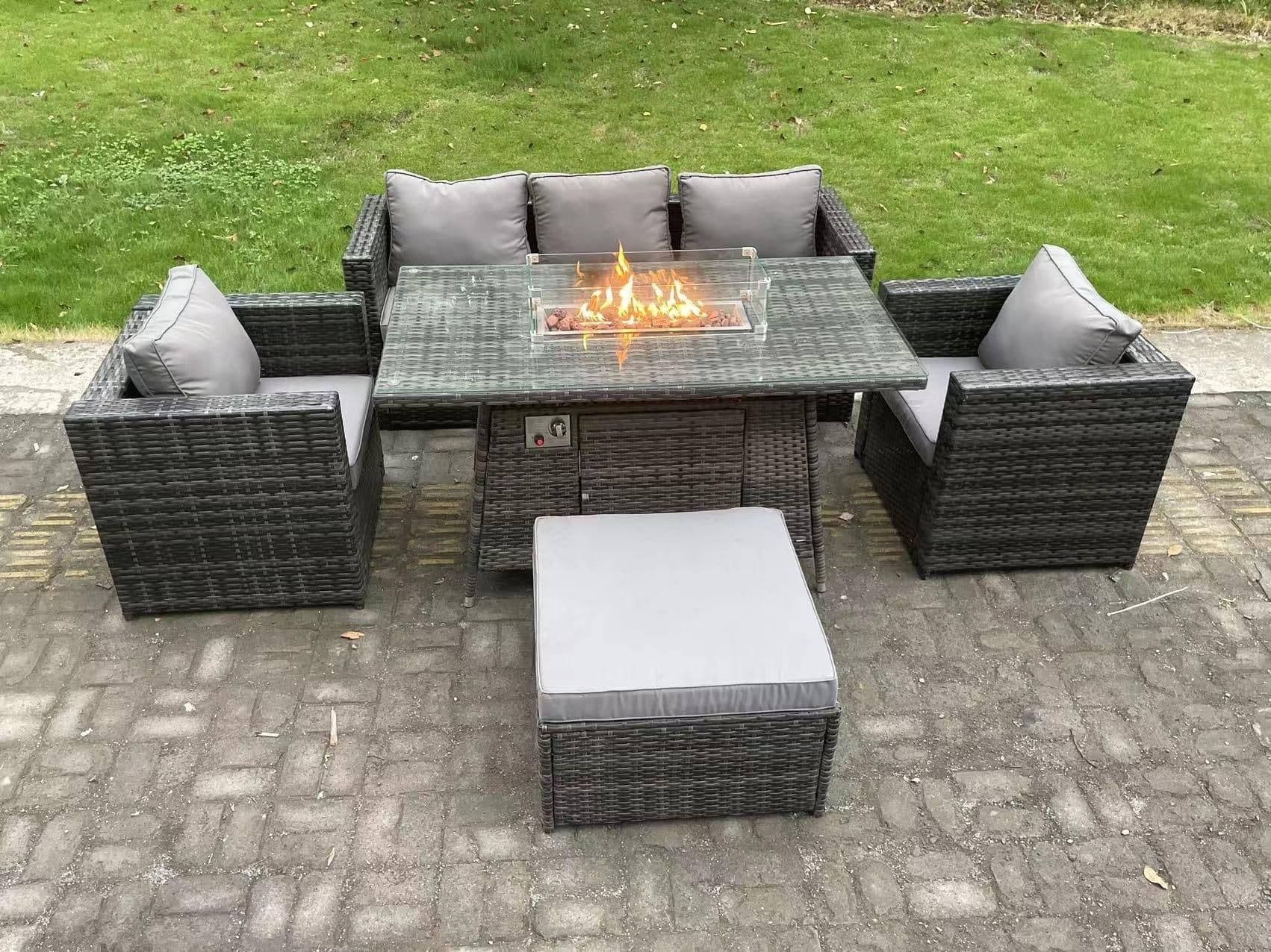 Outdoor PE Rattan Garden Furniture Gas Fire Pit Dining Table Armchairs Big Footstool Dark Grey Mixed