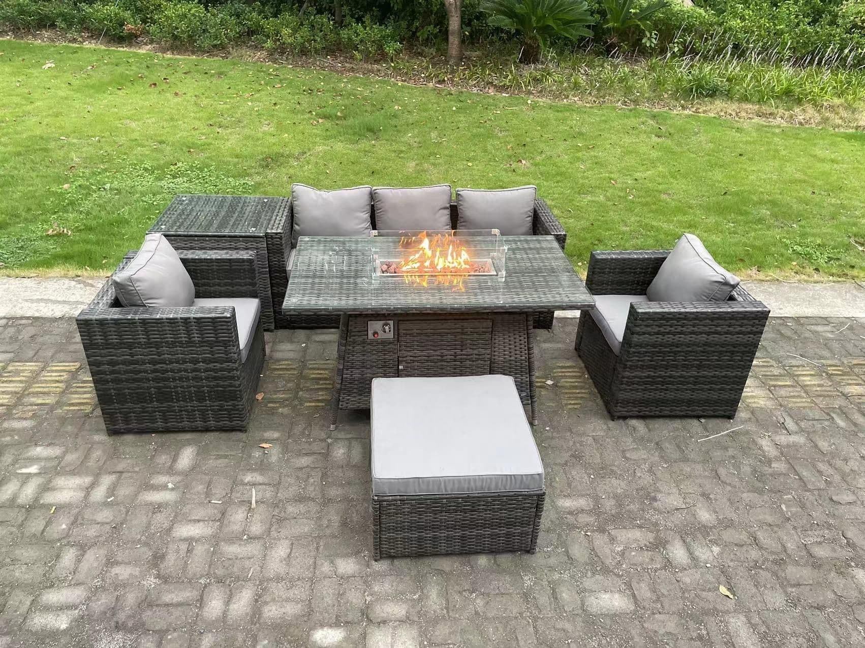 Outdoor PE Rattan Garden Furniture Gas Fire Pit Dining Table Armchairs High Side Coffee Table Big Footstool
